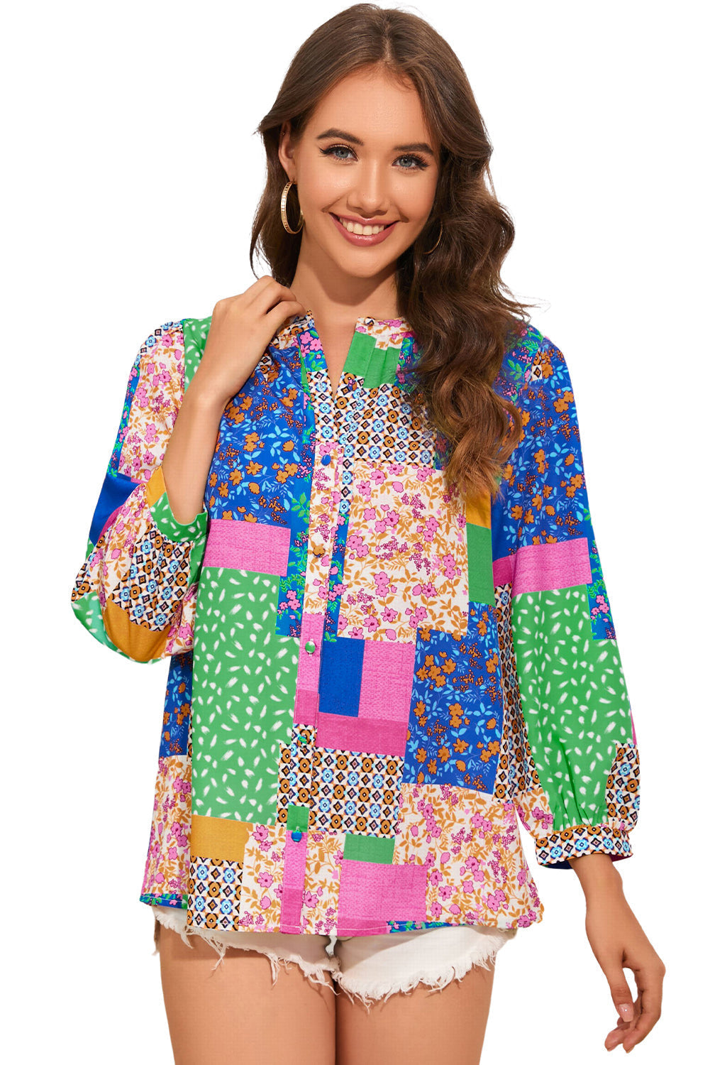 Shirt for Women Floral-Print Patchwork Balloon Sleeve