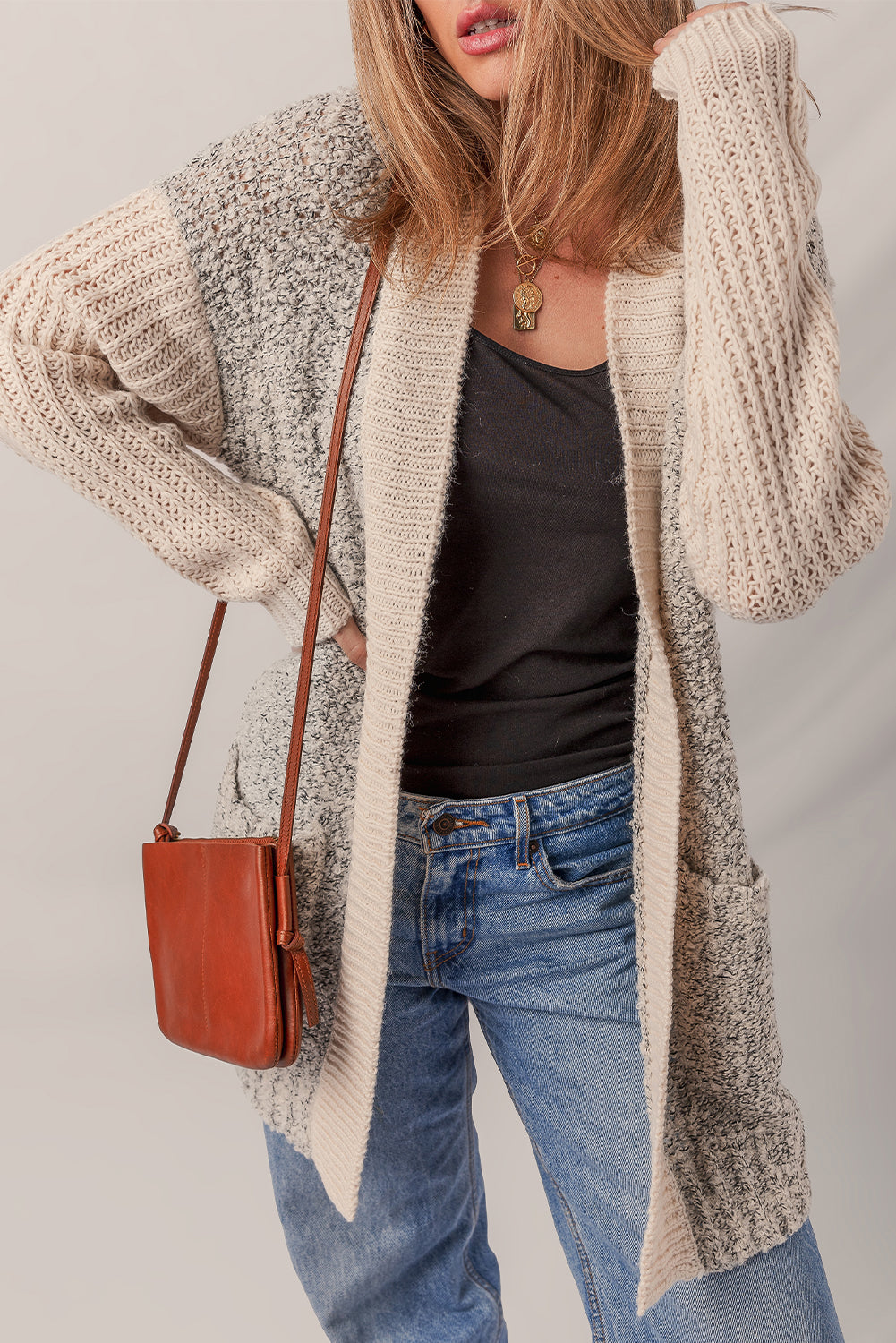 Colorblock Side Pockets Open-Front Cardigan