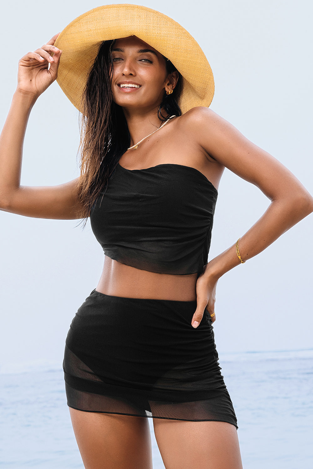 Pleated Mesh One Shoulder Bikini Top and Skirts Set