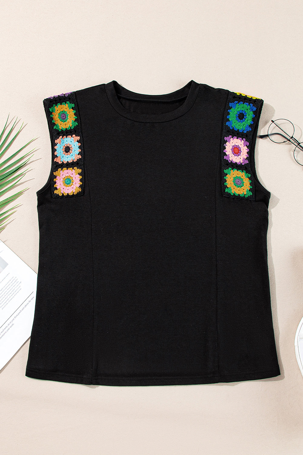 Floral Crochet Patched Sleeve Crew Neck Casual Tank Top