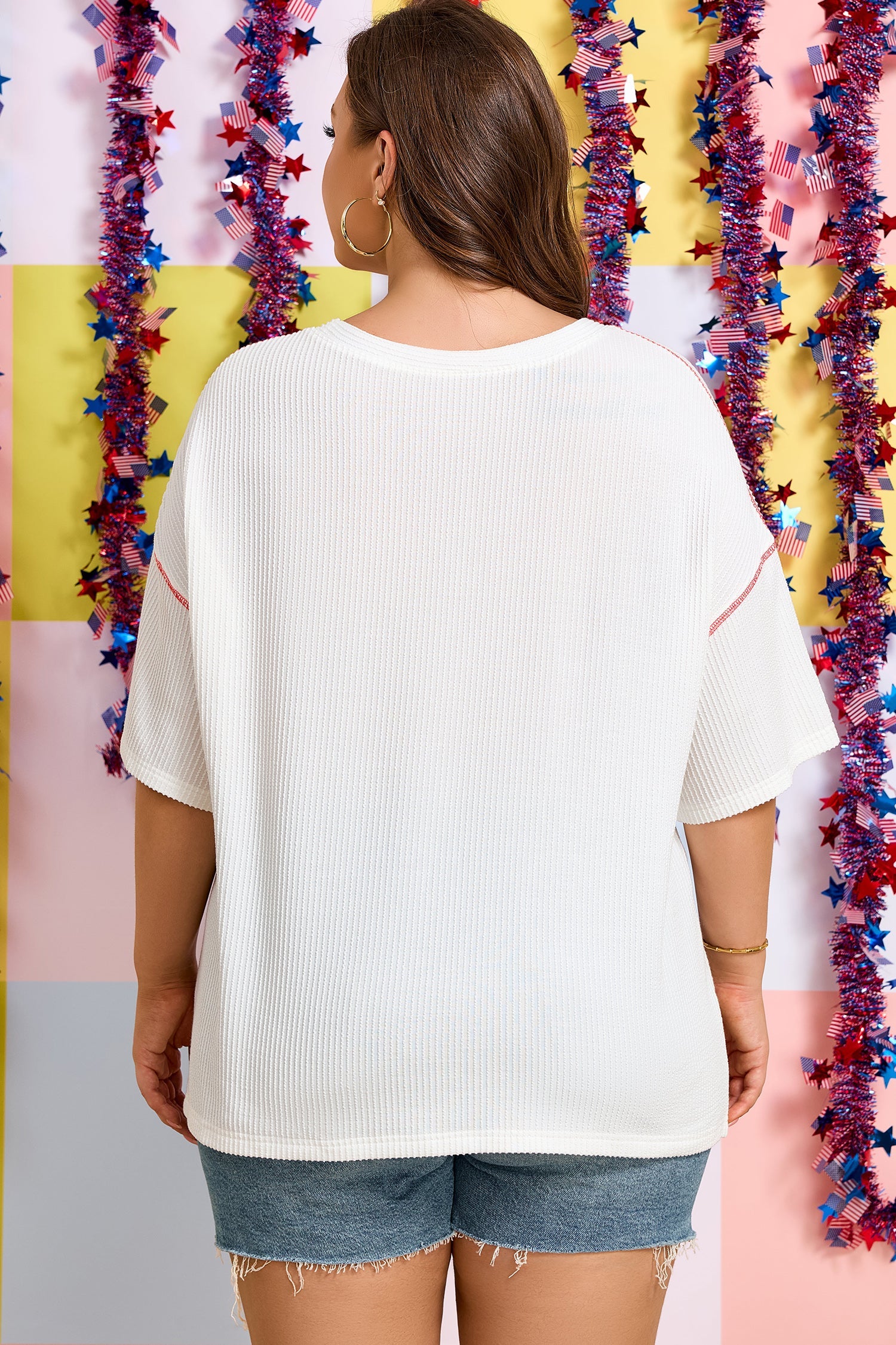 Plus Size Twisted Rib Retro USA Letter Printed T Shirt in White