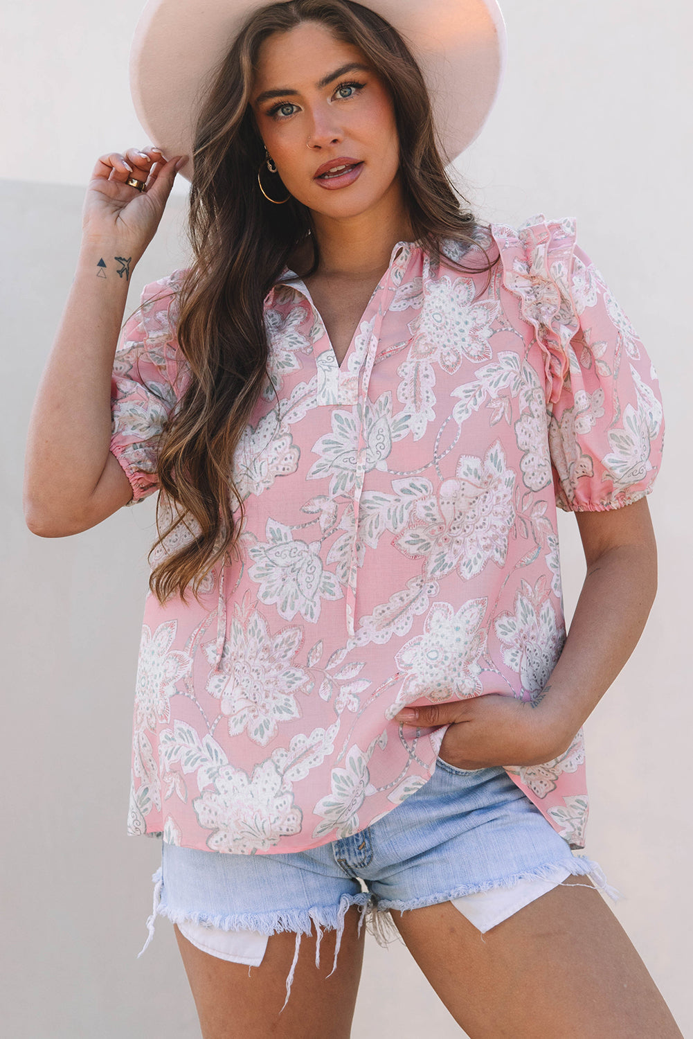 Floral-Print Puff Drawcord V-Neck Sleeve Loose Blouse