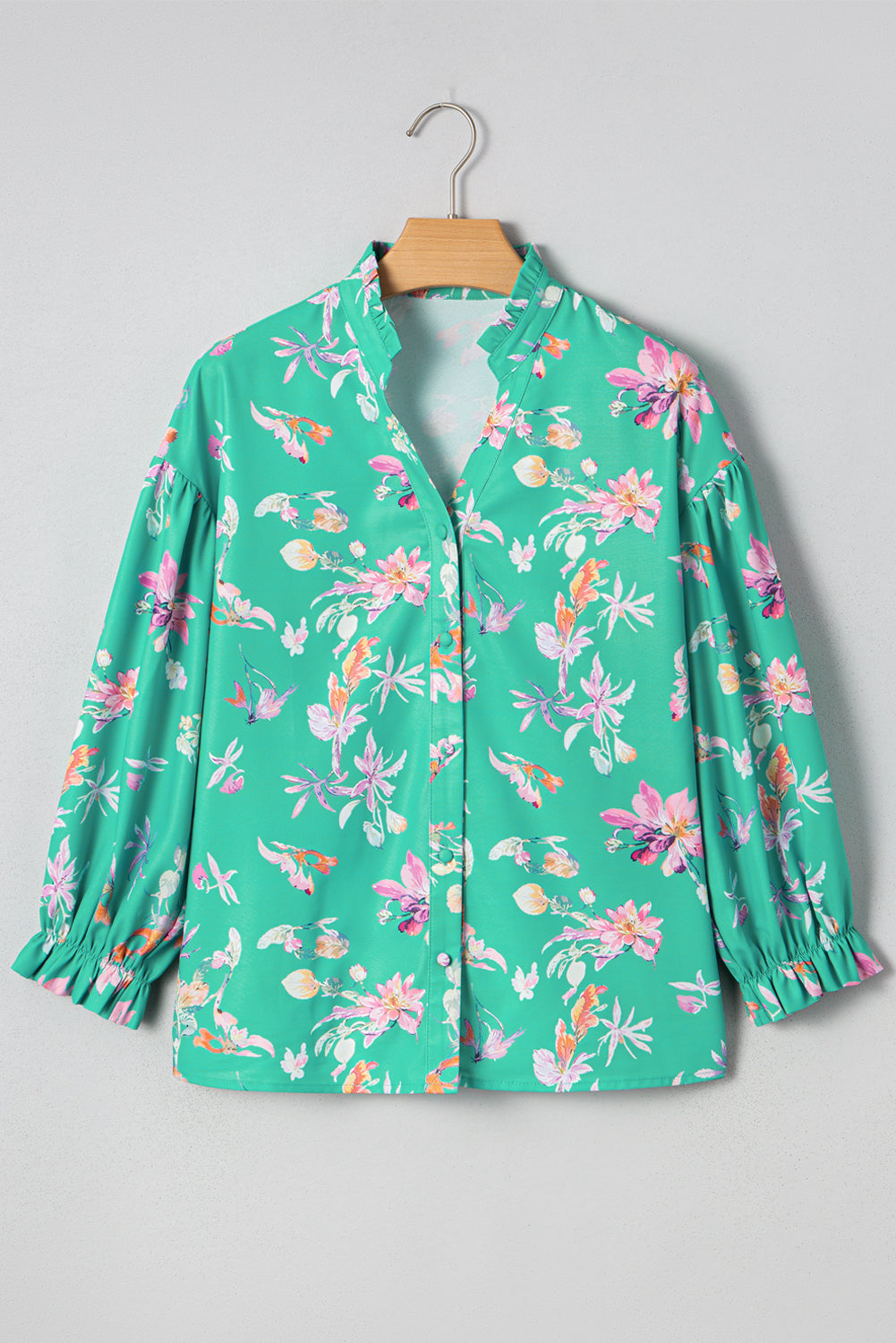 Floral Button Lantern Sleeve Front Shirt
