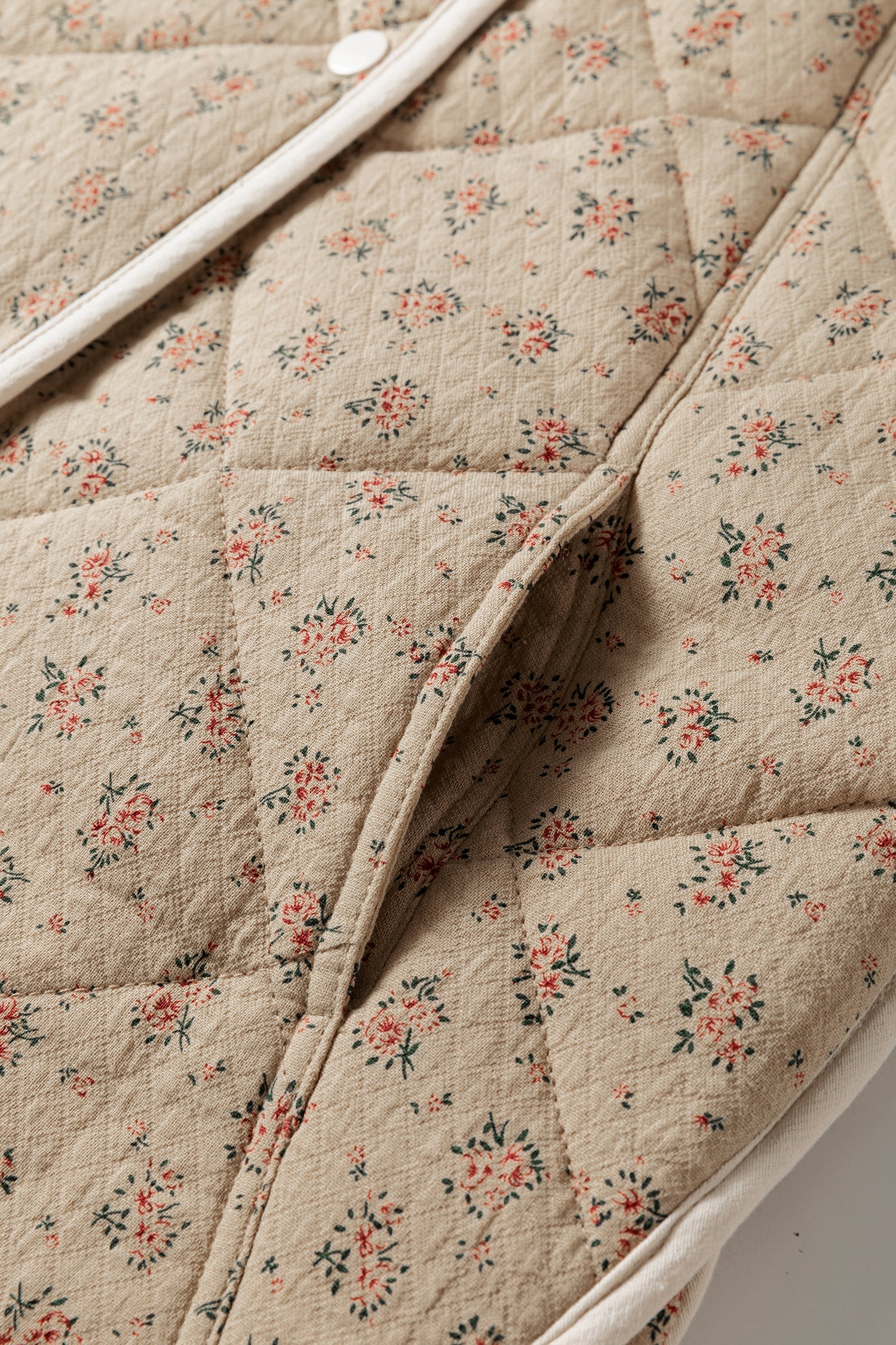 Concealed Floral-Print Quilted Button Vest in Khaki