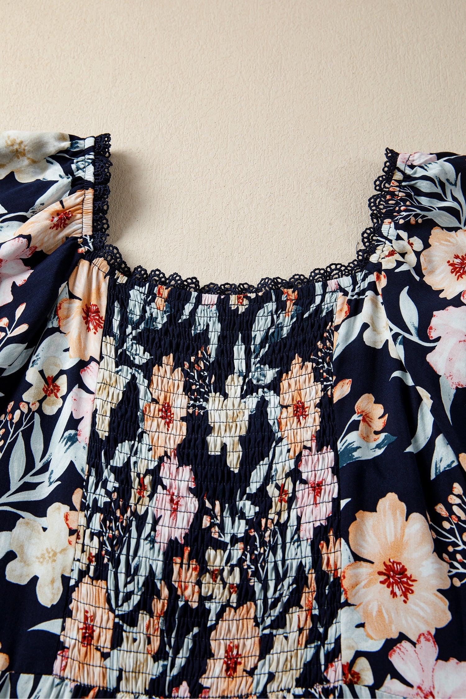 Short-Sleeved High-Waisted Smocked Detail Floral Maxi Dress