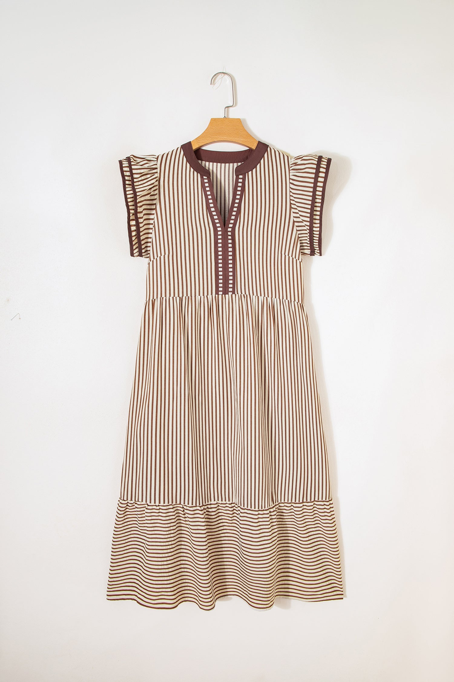 Double Ruffled Short-Sleeved Contrast Trim V-Neck Midi Dress