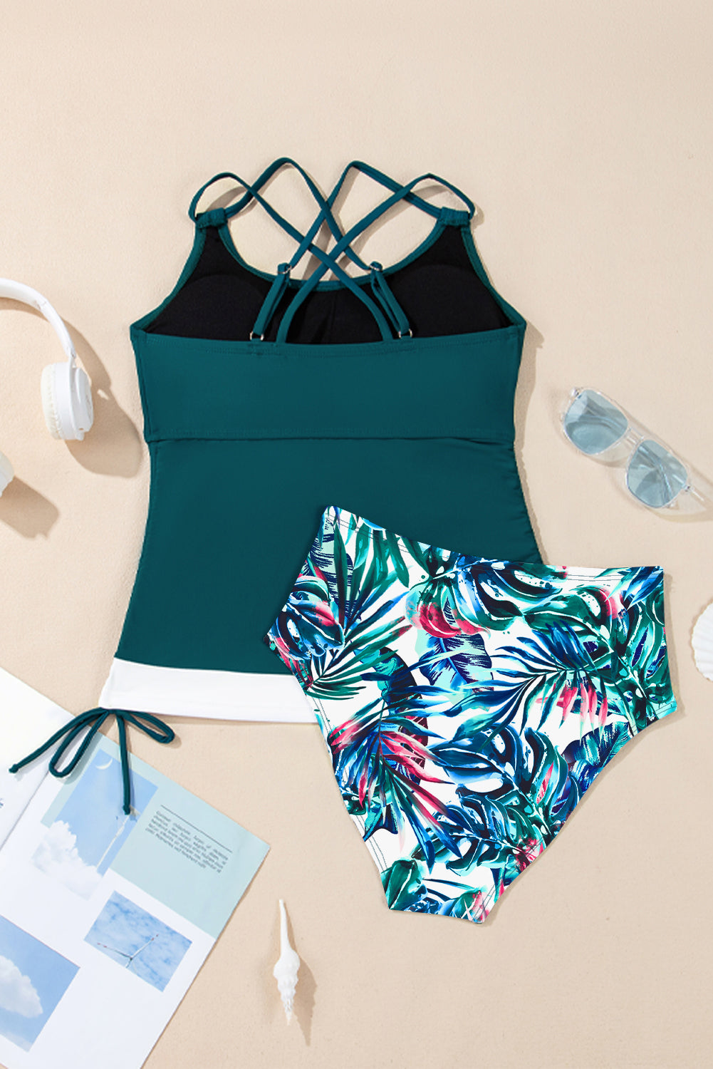 Drawstring Tummy Control Mix-and-match 2pcs Tankini Swimsuit