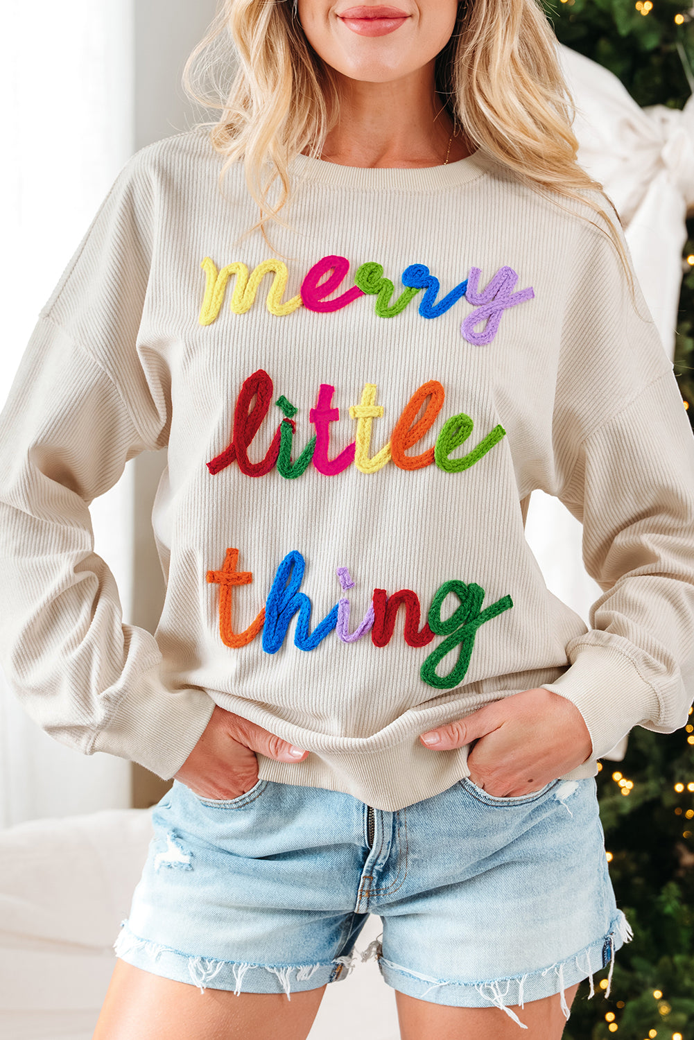 little thing merry thing Corded Letter Graphic Rib-Knit Loose Sweatshirt