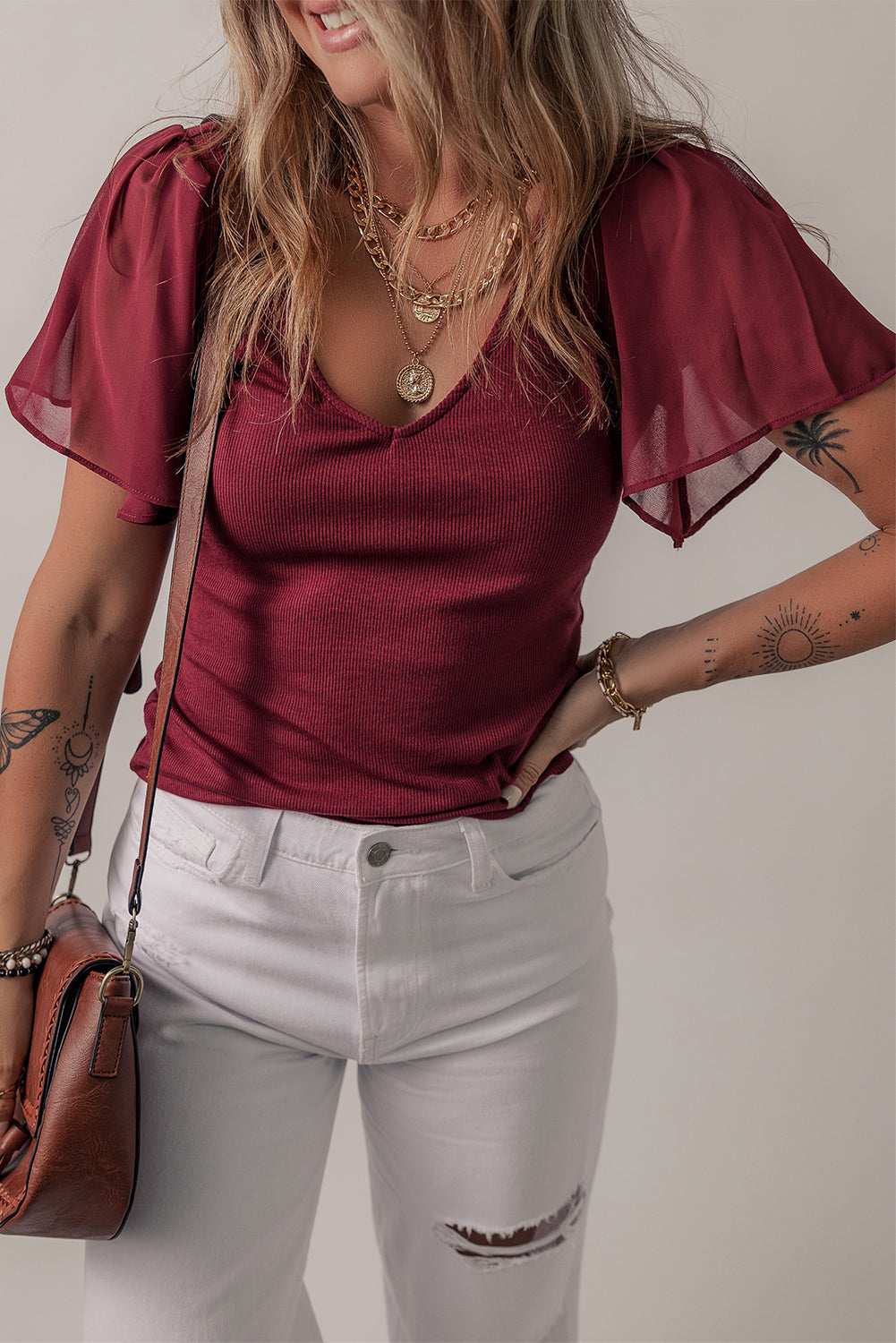 Red Mesh Ruffled Sleeve Slim Fit V Neck Top