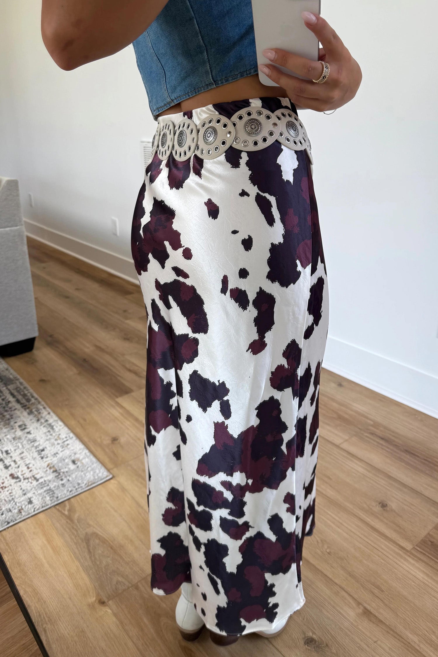 Abstract Long Print Western Metal Zip-Front Waist Daily Wear Skirt in Brown