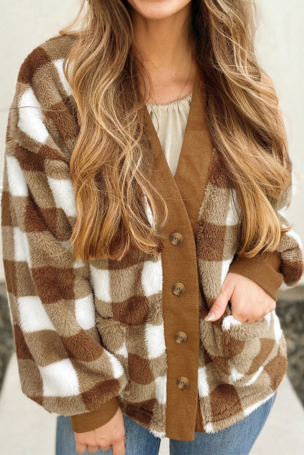 Sherpa Loose Checkered Loose Knit Cardigan Featuring Pockets in Brown