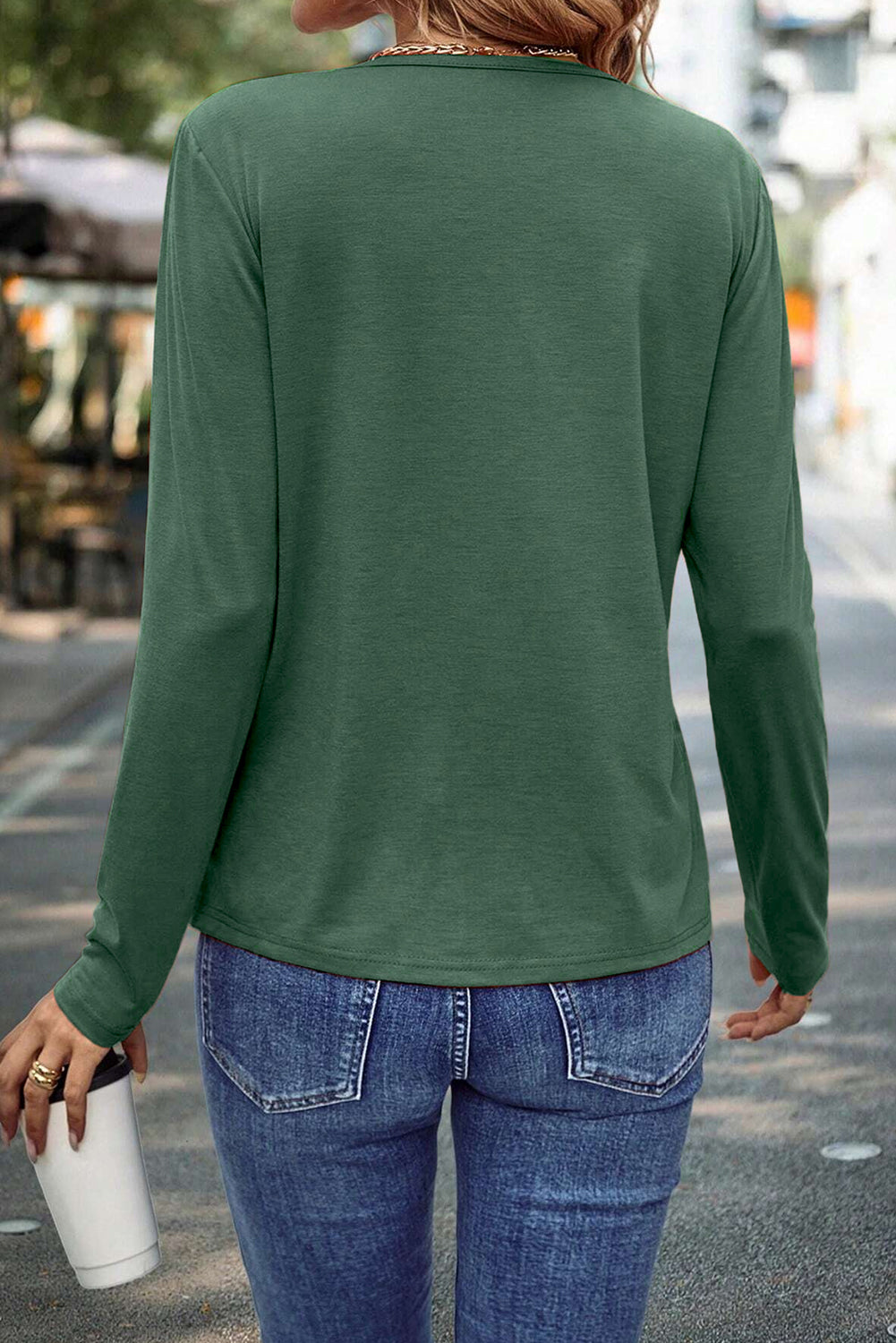 Detail Asymmetric Seam Solid Long-Sleeved Top in Green