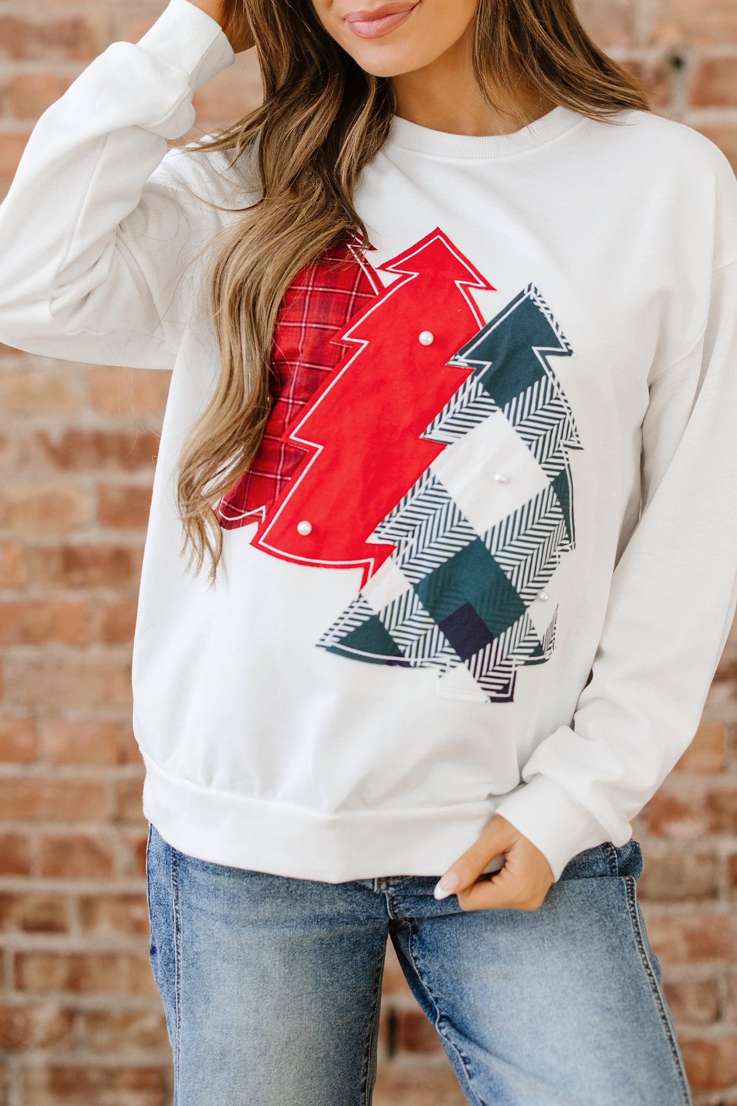 Pearl Plaid Christmas Tree Patched Drop-Shoulder Sweatshirt