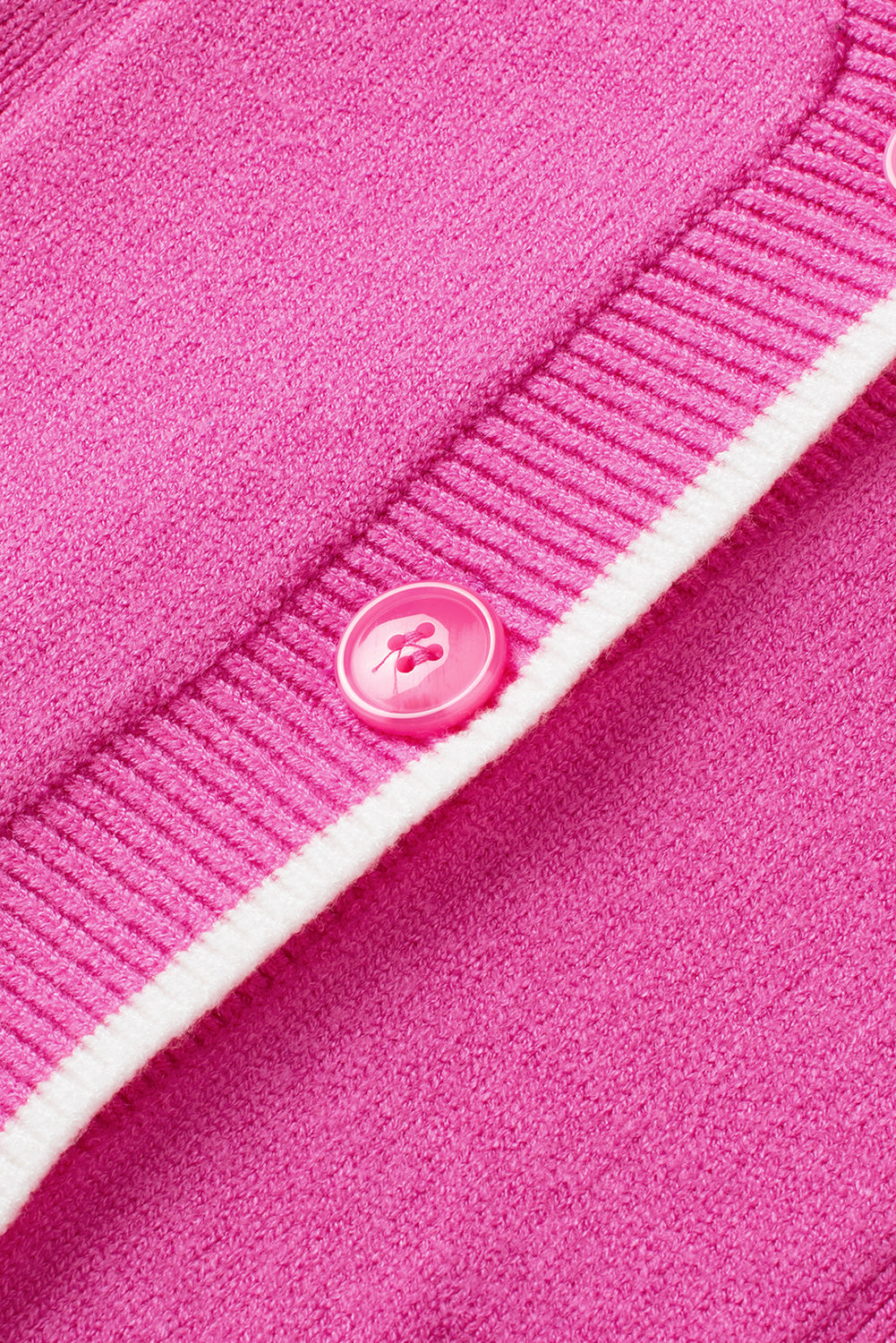 Bright Pink Color Contrast Side Pockets Button V-Neck Cardigan