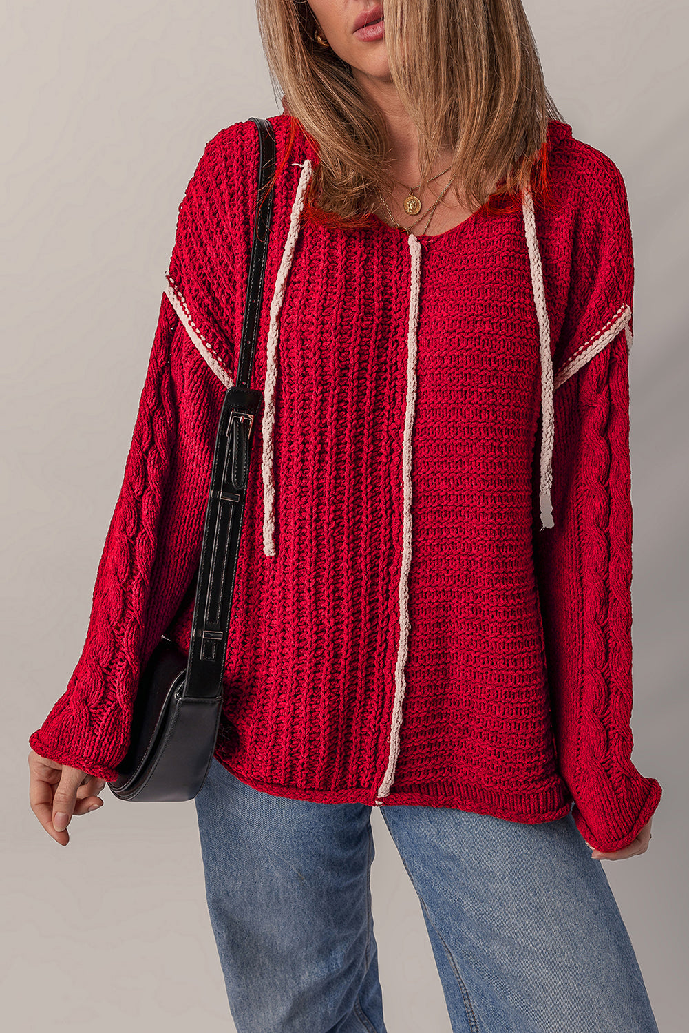 Contrast Trim Color Trim Textured Knit Drawcord Hooded Knit Top