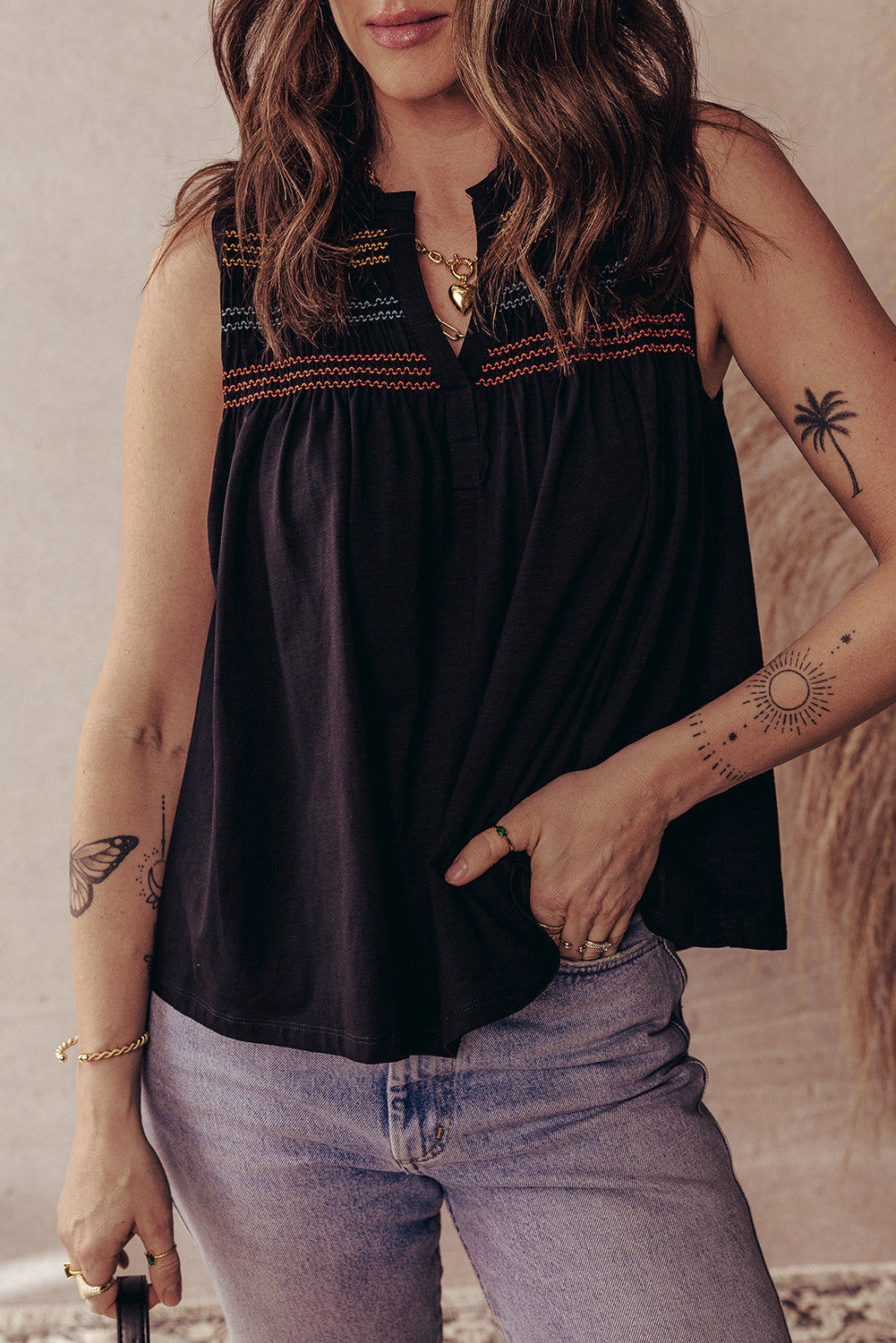 Shirred Yoke Colorful Yoke Notched V-Neck Tank Top