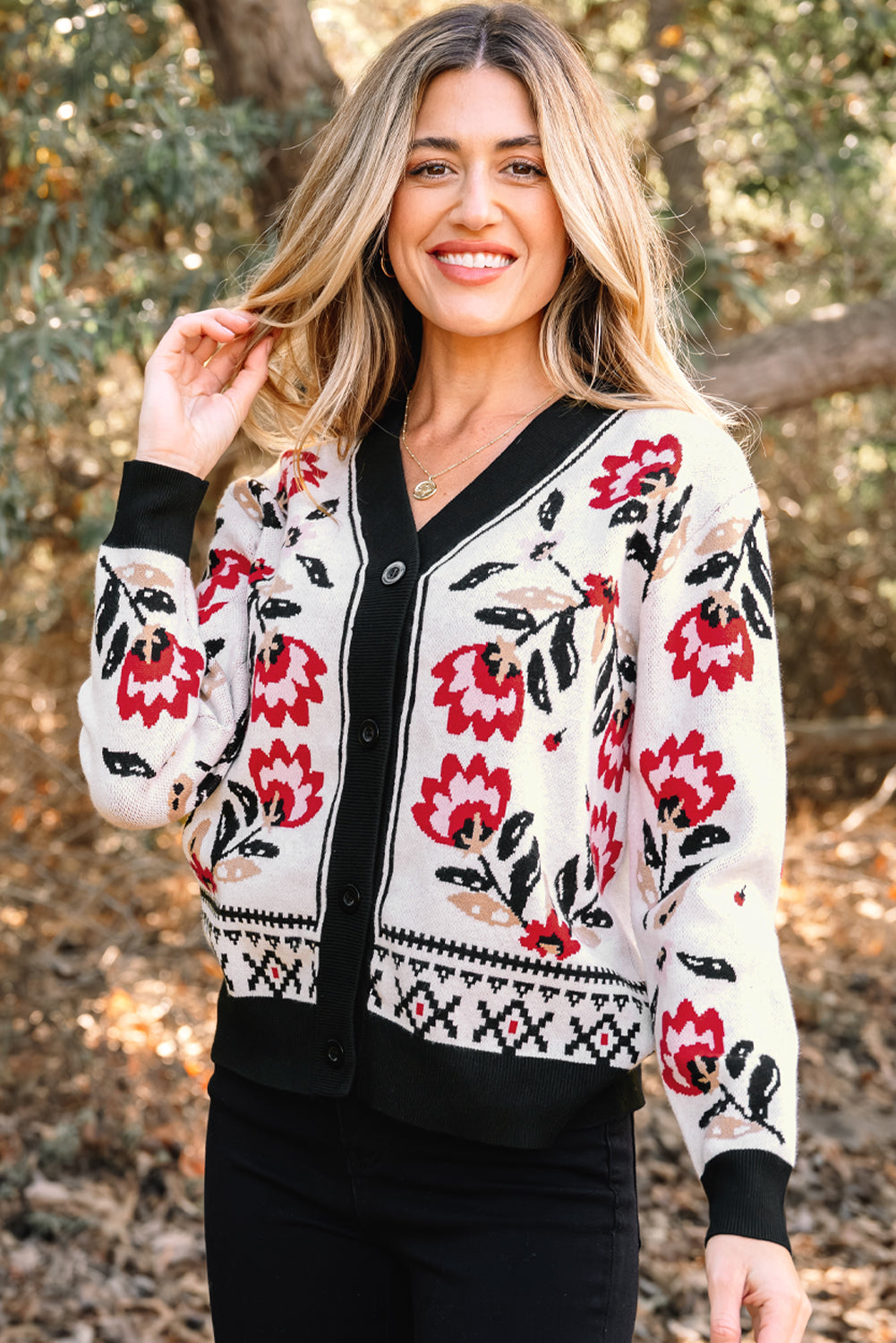 Floral-Print Button-Front V-Neck Knit Cardigan