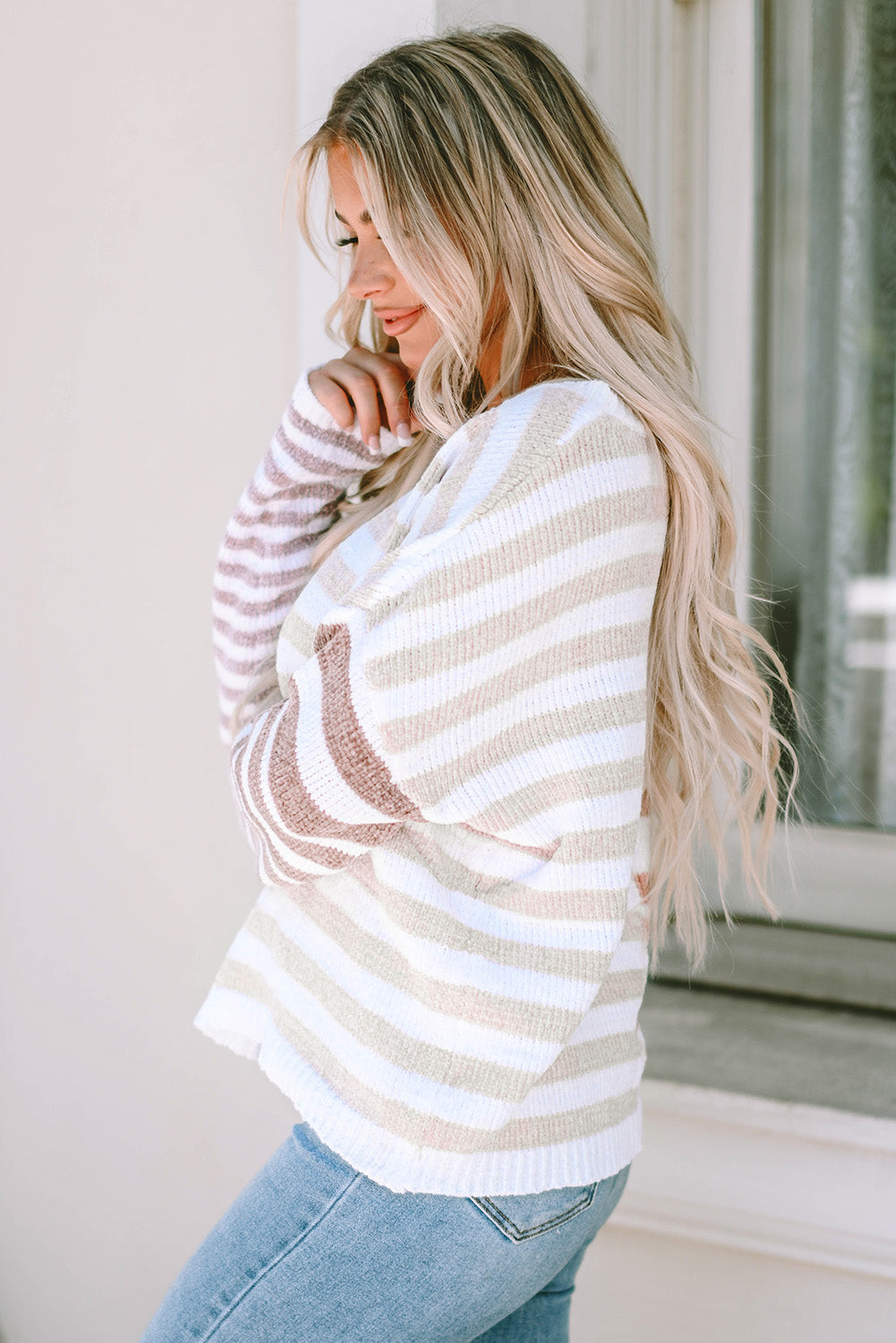 Women's Stripe Slouchy Blocked Dropped-Shoulder Sweater