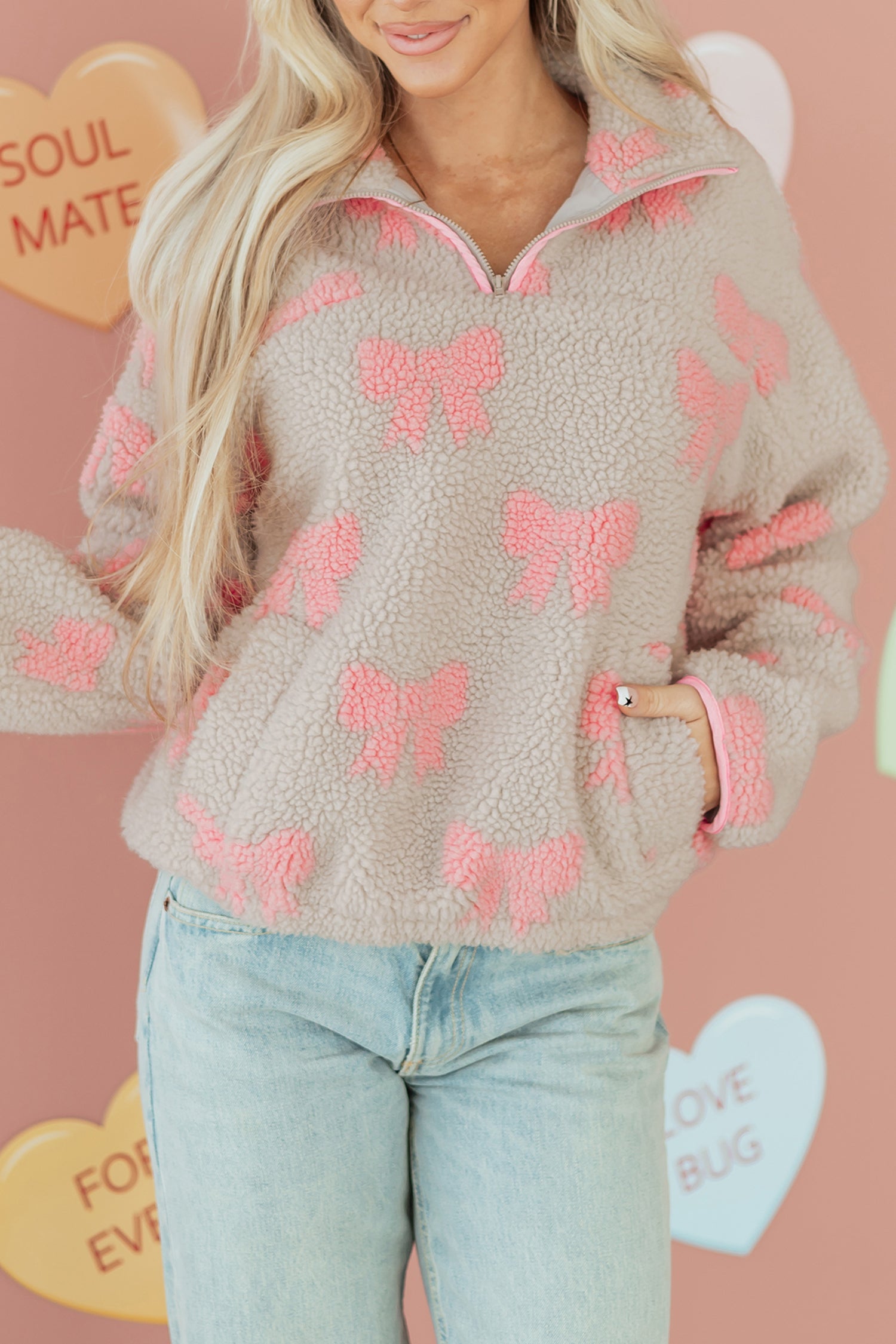 Sherpa Quarter Bow Quarter Zip Drop-Shoulder Baggy Sweatshirt