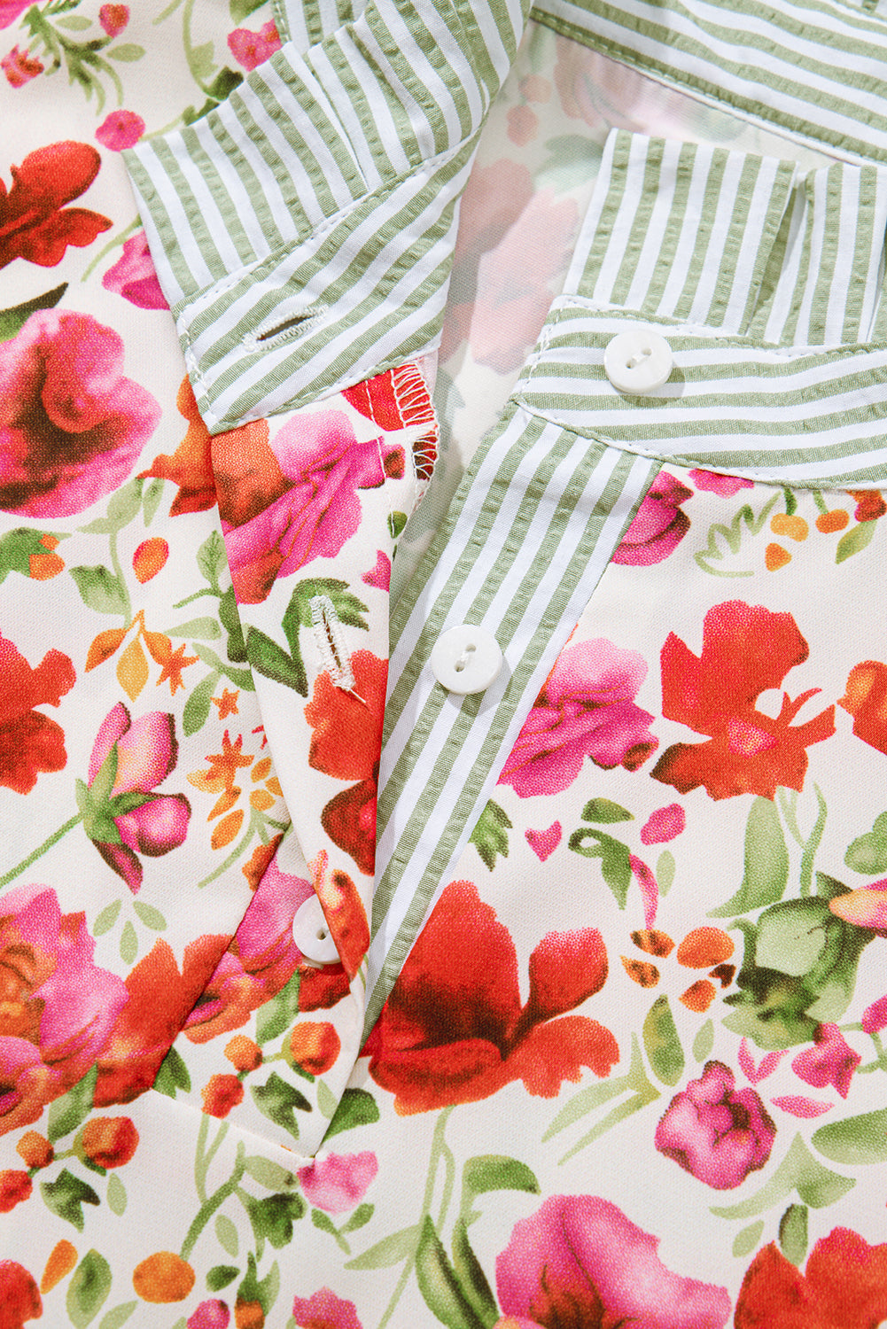 Floral-Print Collared Striped Patchwork Short-Sleeved Blouse