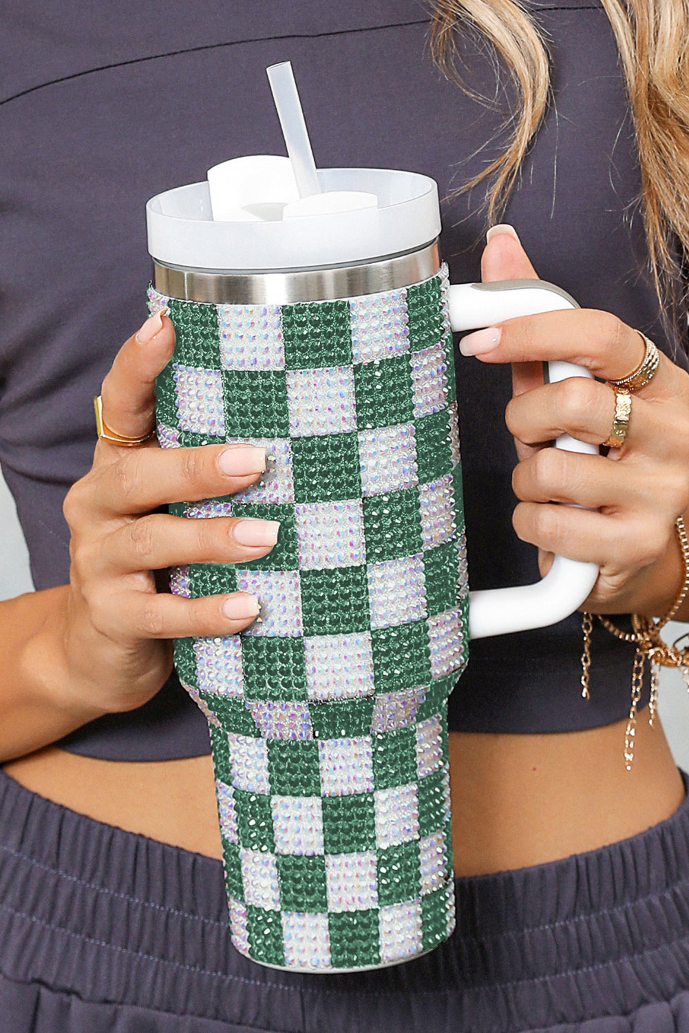 Full Handled Rhinestone Checkerboard Tumbler 40oz