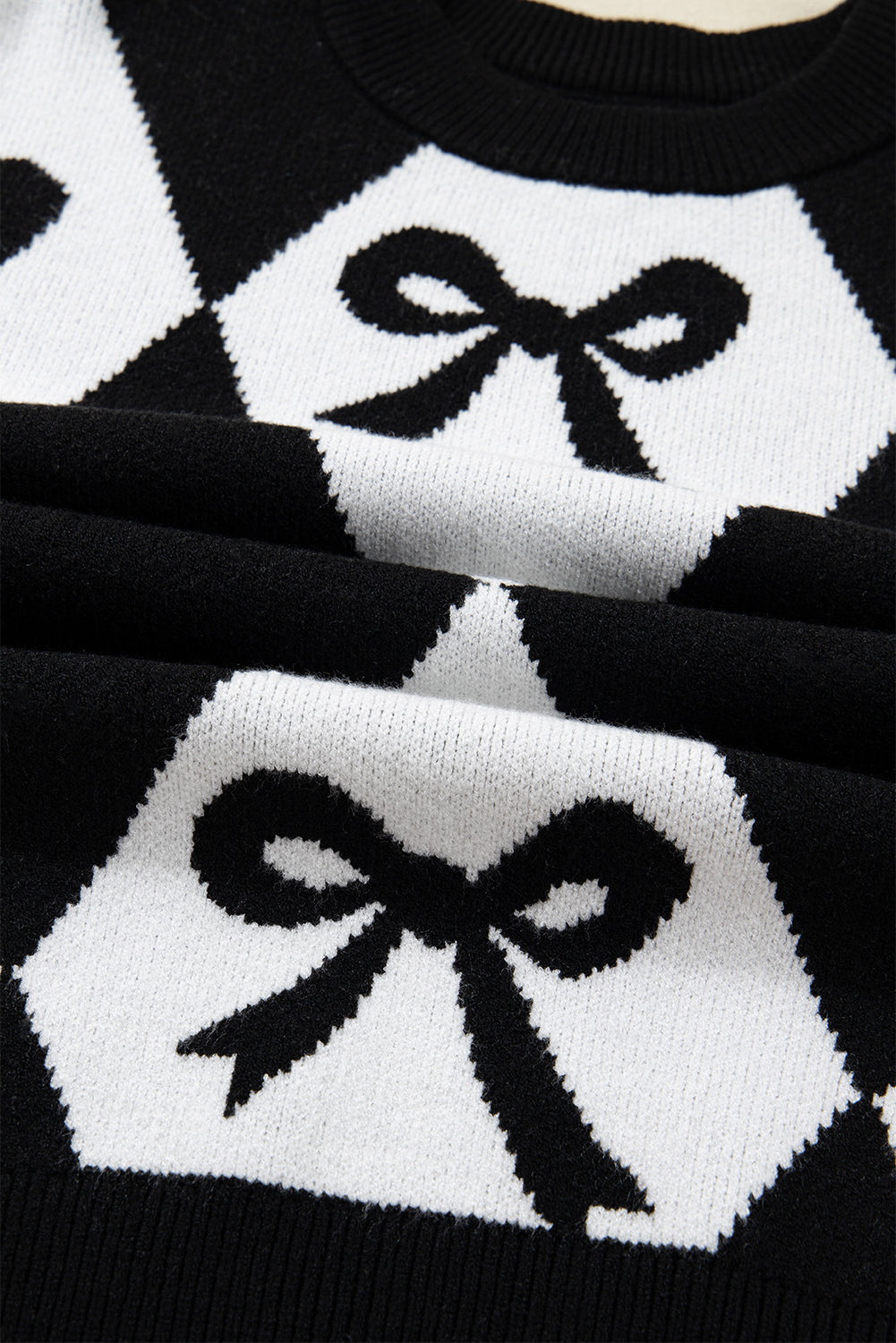 Bow Print 2-tone Rhombus Knit Loose Knit Top