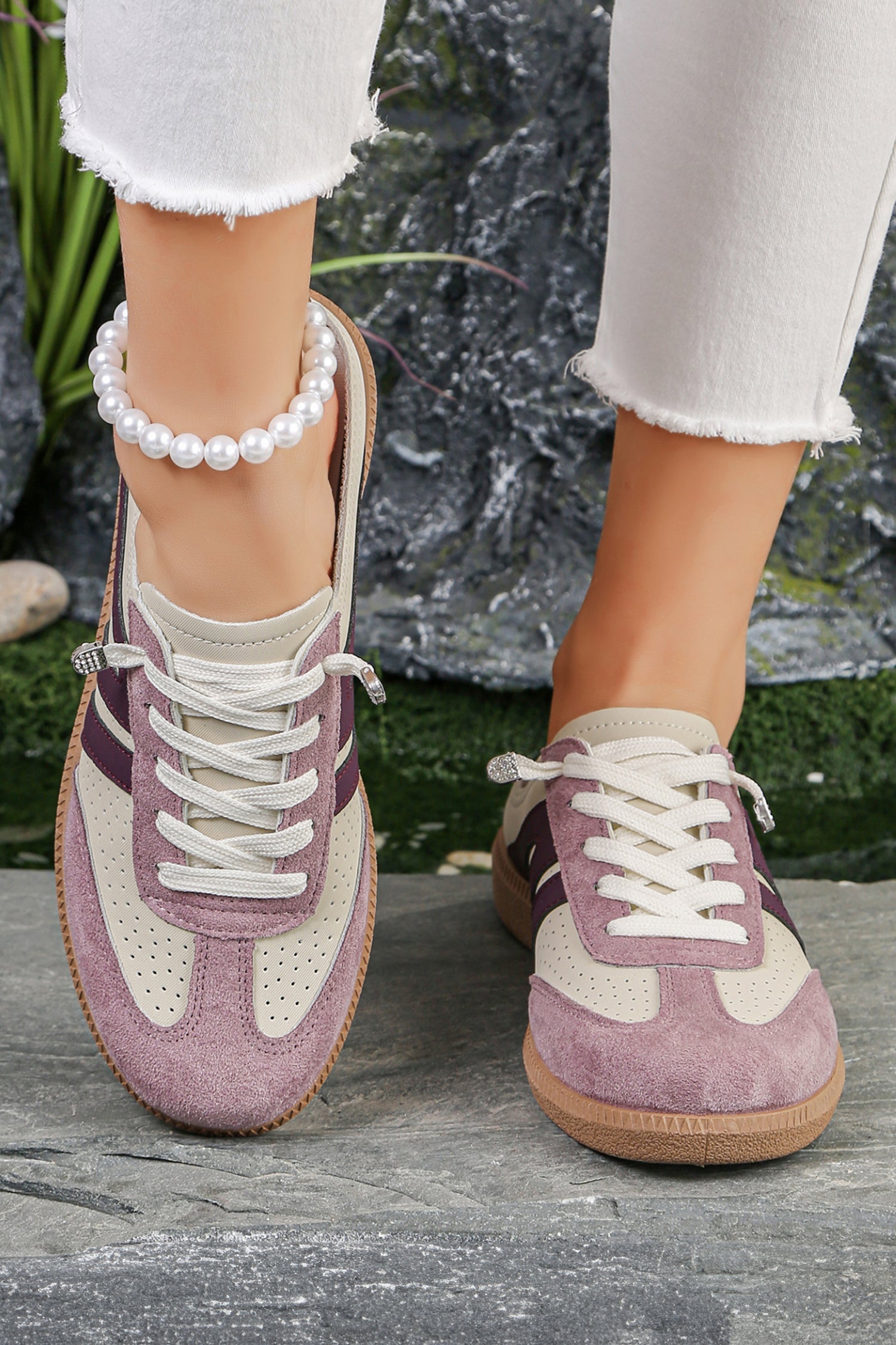 Eyelet PU Leather Patchwork Color Pop Sneakers in Pink