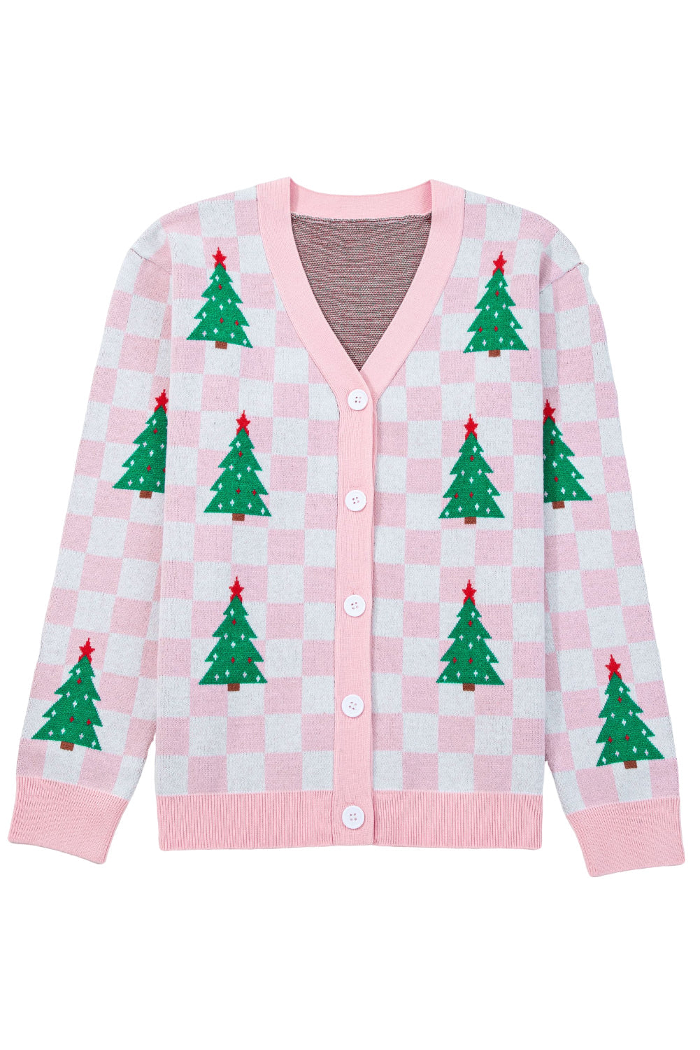 Checkered Christmas Tree Pattern Button V-Neck Cardigan Knit Top