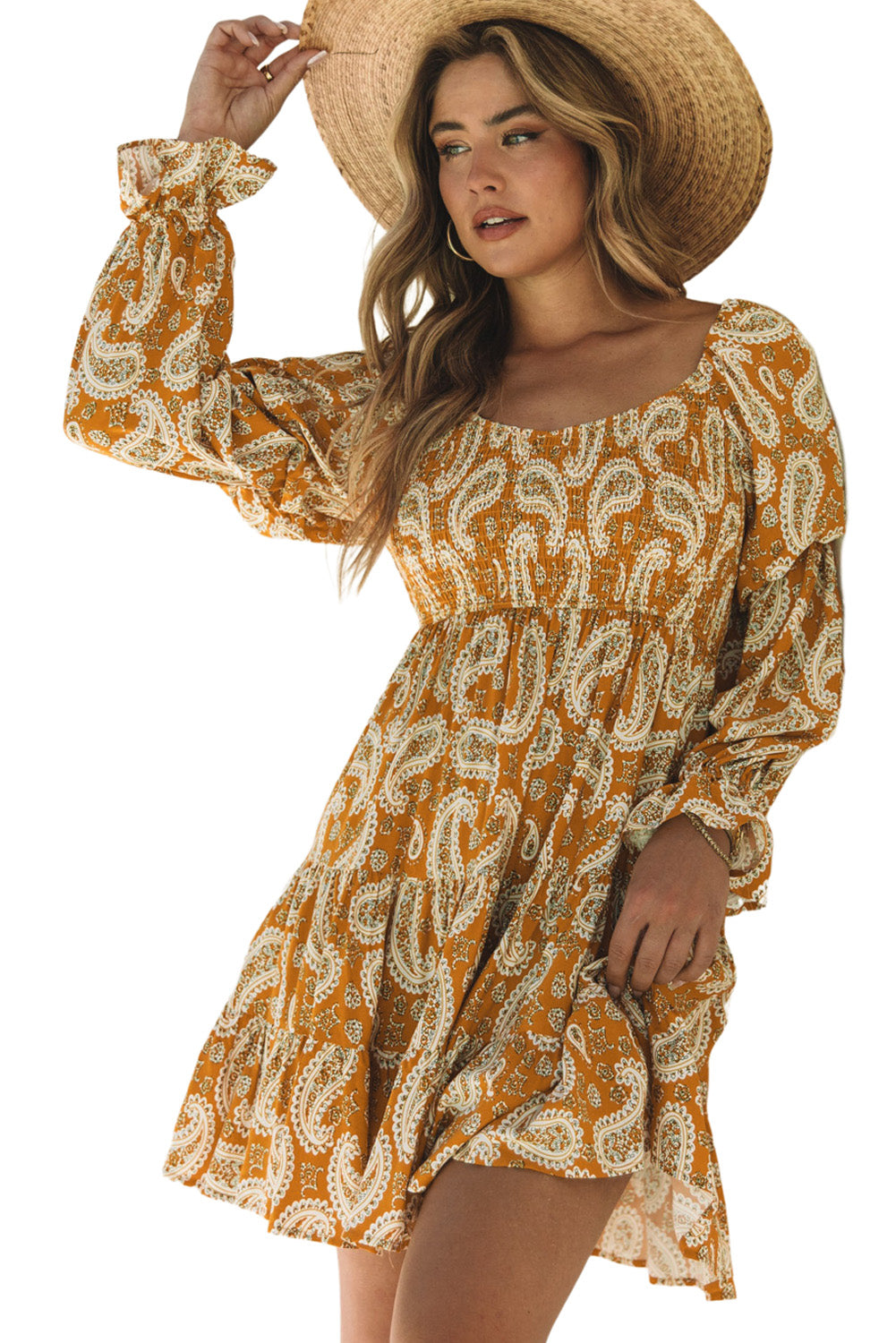 Robe florale jaune à manches longues Boho Paisley