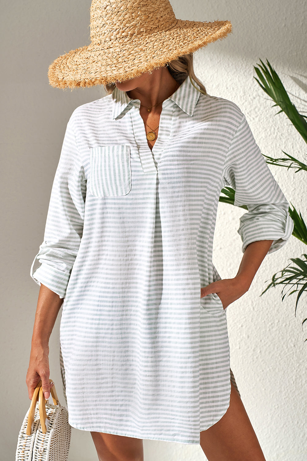 Collared V Neck Long Sleeve Beach Cover up