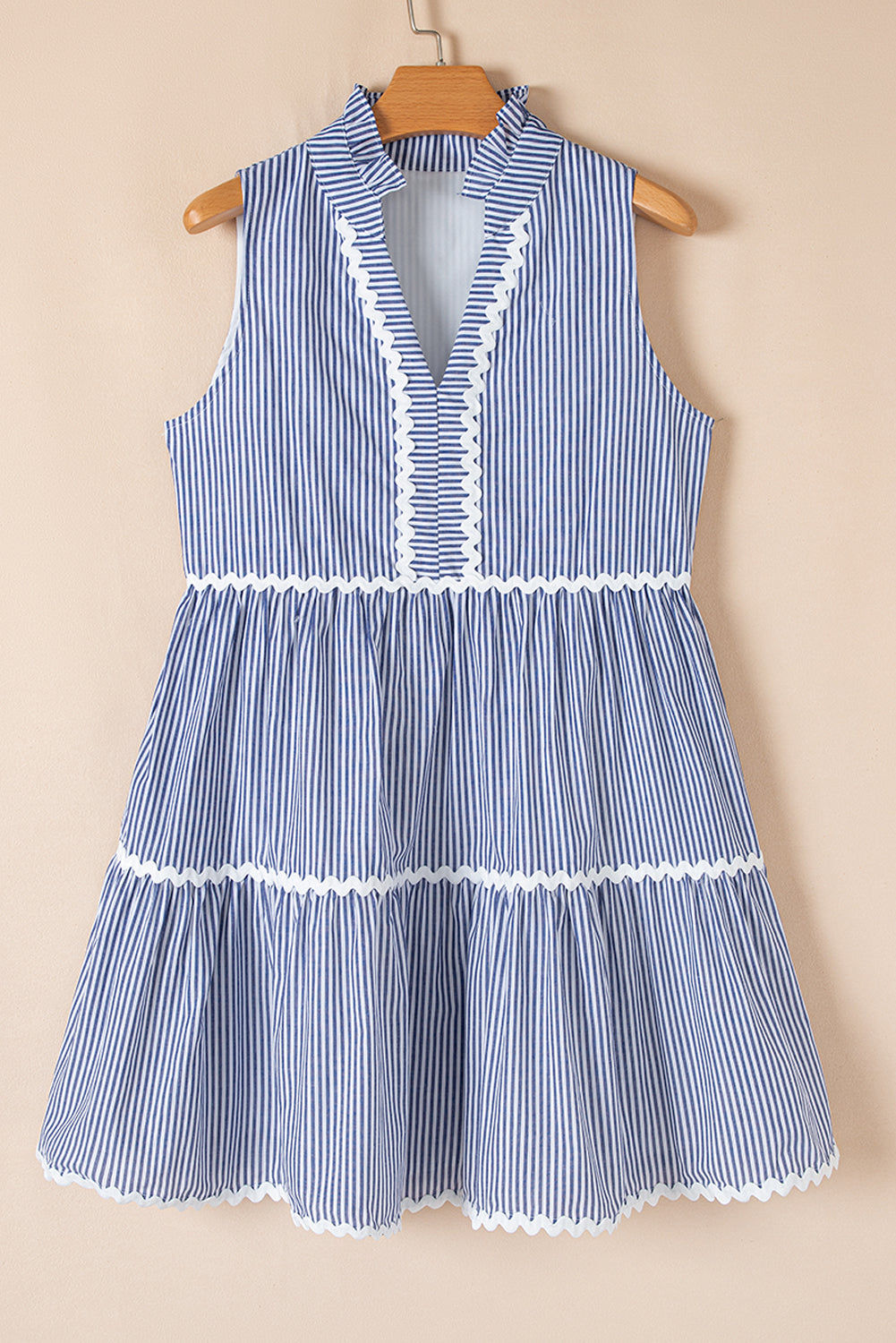 Blue Stripe Sleeveless Notched V Neck Mini Dress