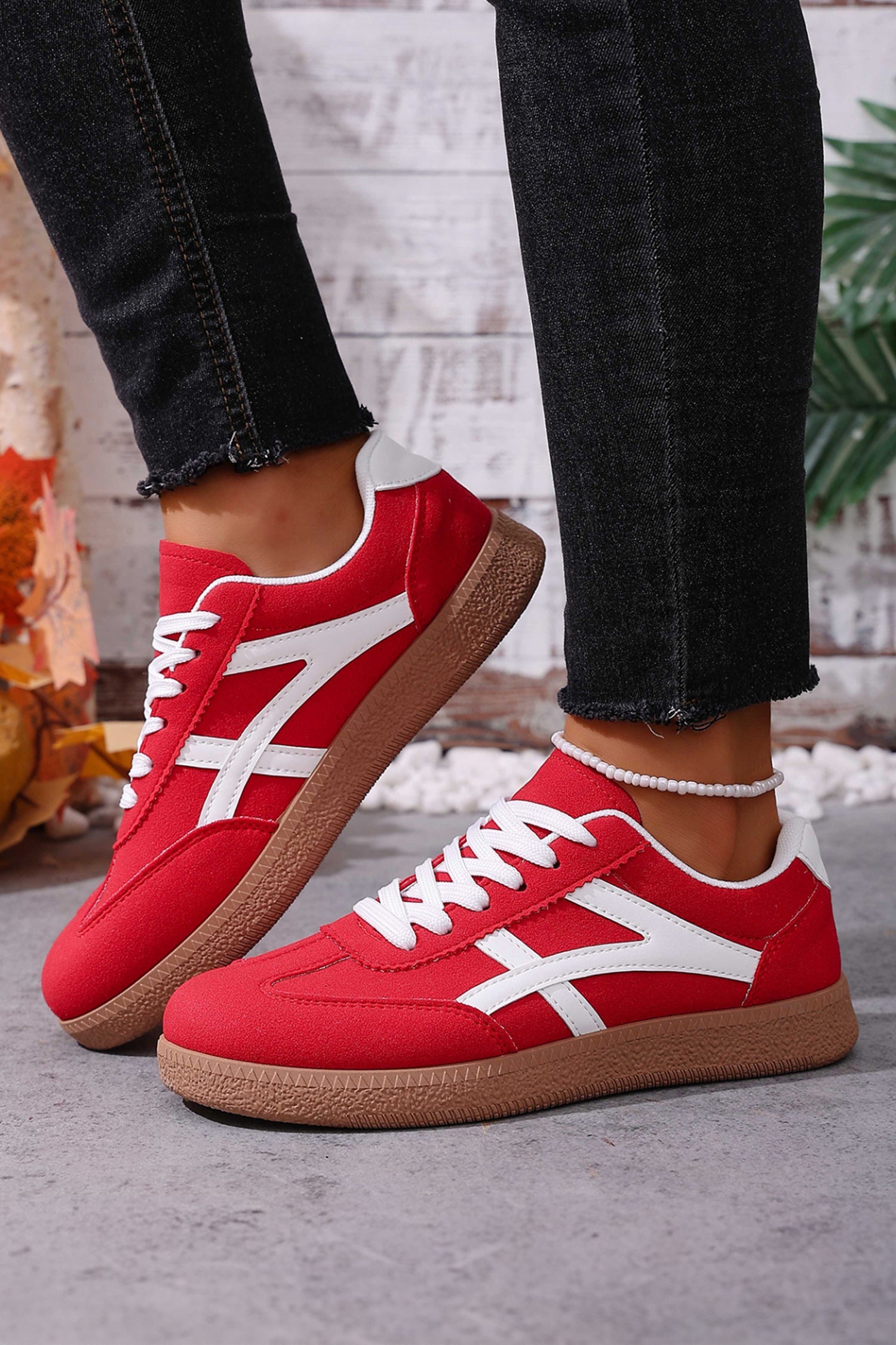 Contrast Faux Suede Patchwork Detail Lace Up Flat Sneakers in Red