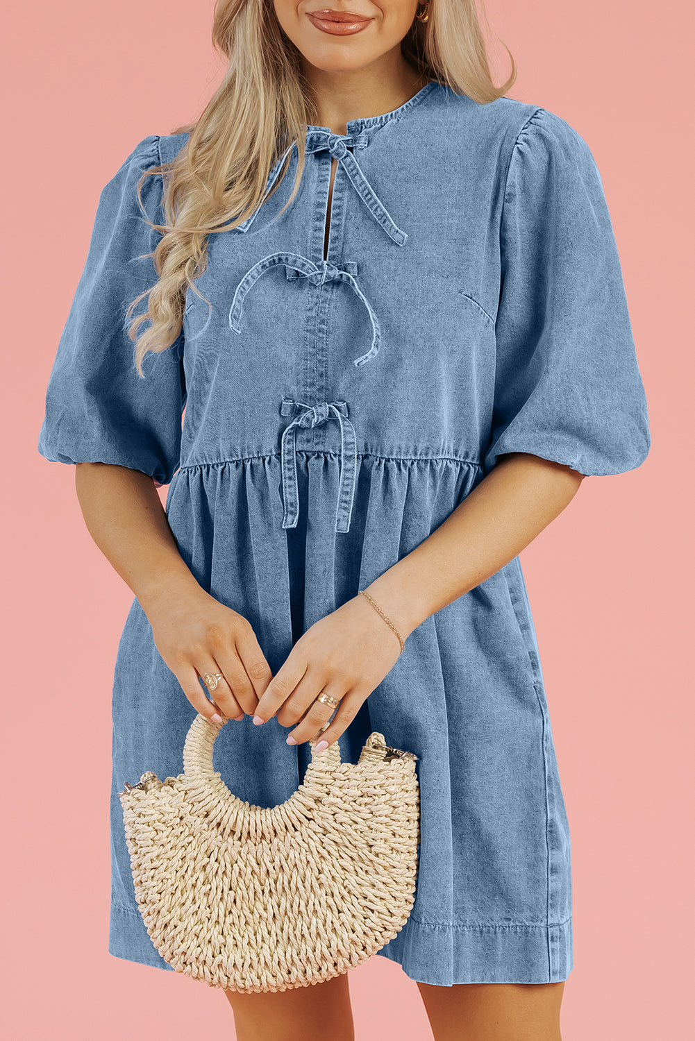 Bowknot Bubble Sleeve Short-Length Denim Dress