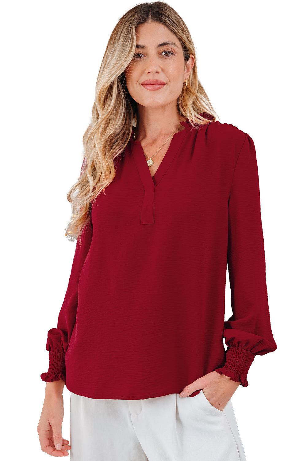 Neck Shirred Notched Shirred Cuff Long-Sleeved Blouse