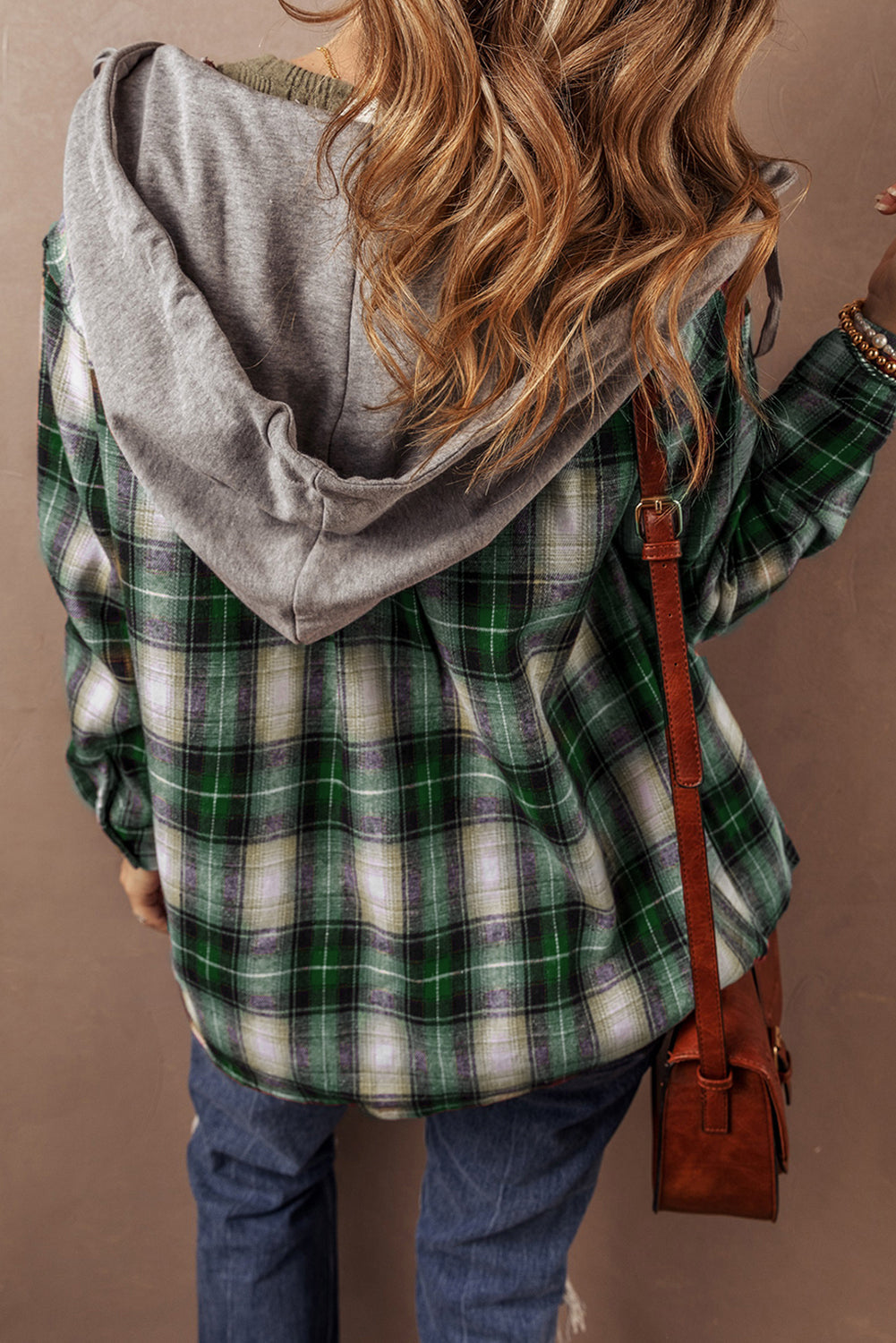 Plaid-Patterned Pattern Button-Front Hooded Shacket