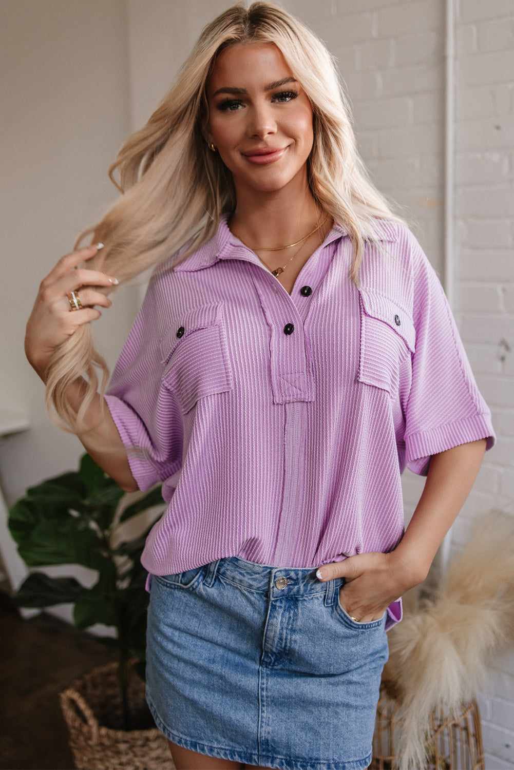 Corded Flap Pocket Collared Short Sleeve Blouse