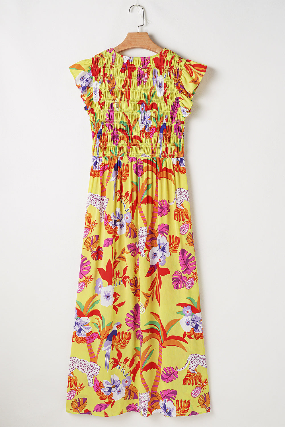 Yellow Cheetah Plant Print Shirred Button Maxi Dress