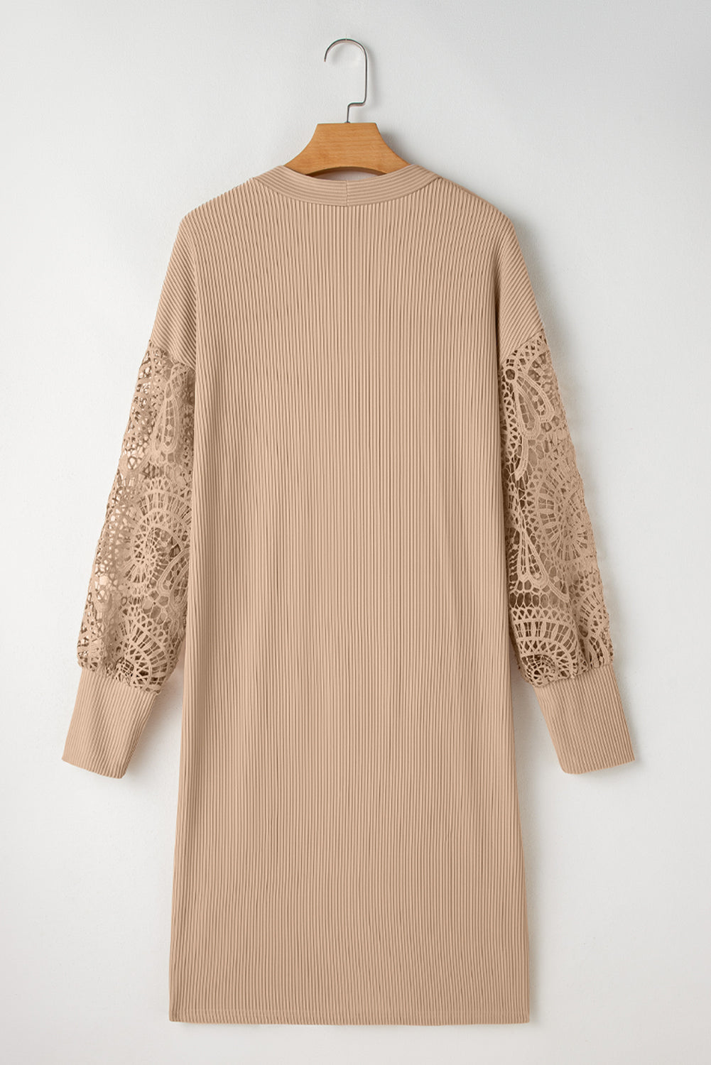 Rib-Knit Lace Patchwork Knit Open-Front Duster Cardigan in Parchment