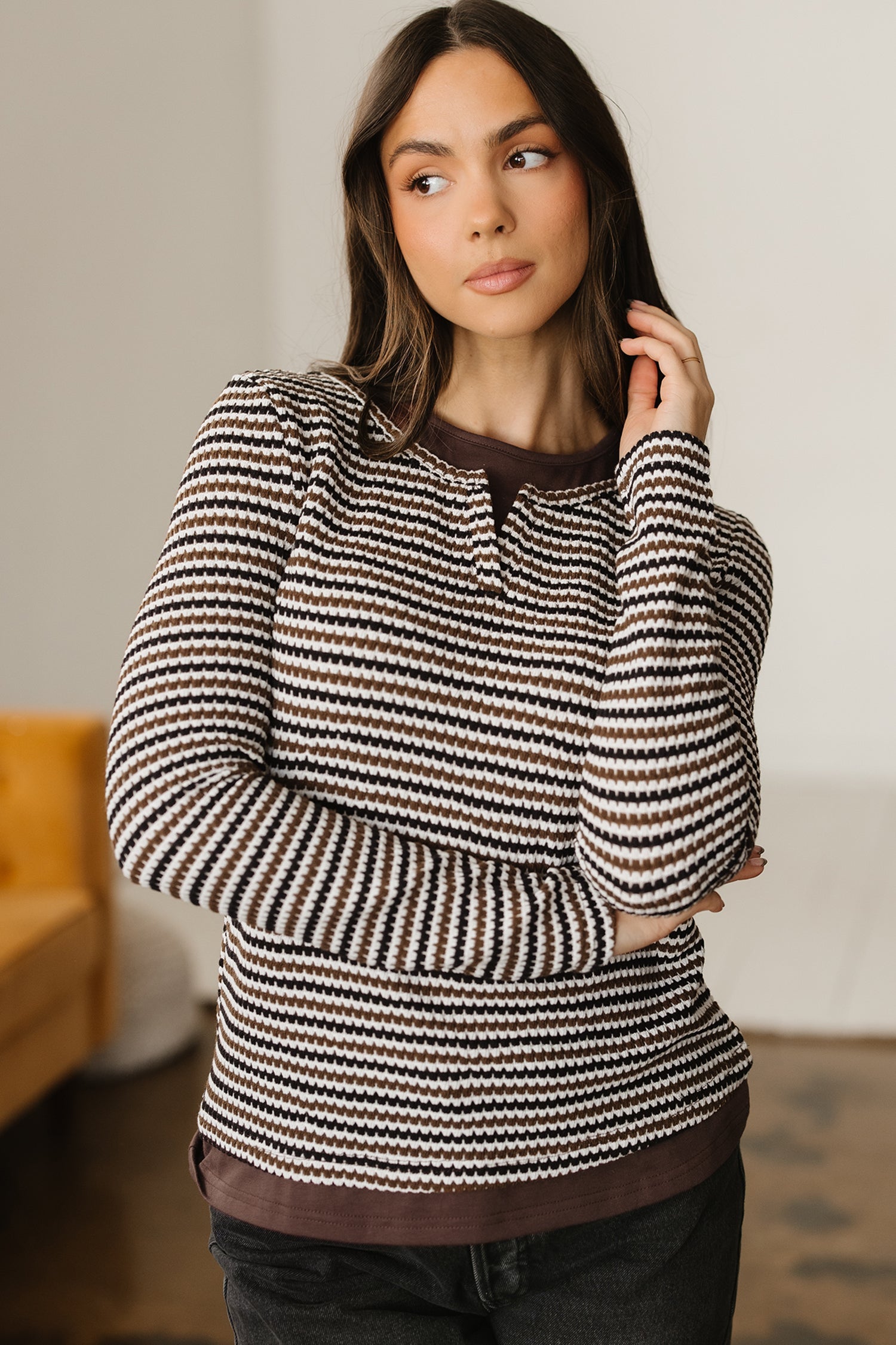 Textured Faux 2-Piece Striped Round-Neck Long-Sleeved T Shirt
