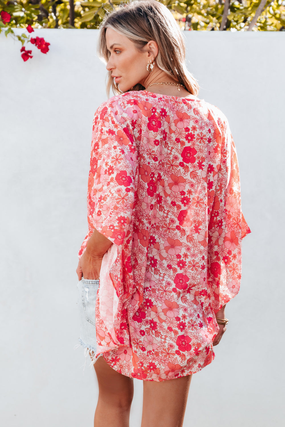 Chemisier Style Kimono À Col En V Et Motif Floral Bohème