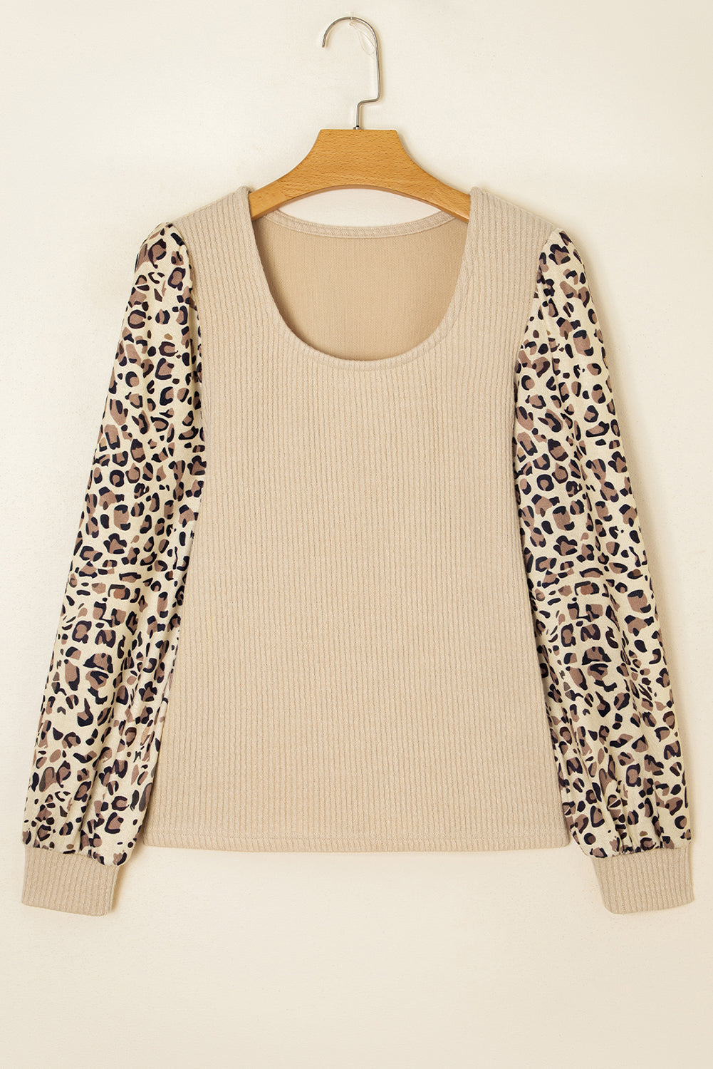 Leopard Sleeve Patchwork Rib-Knit Knit U Neck Top