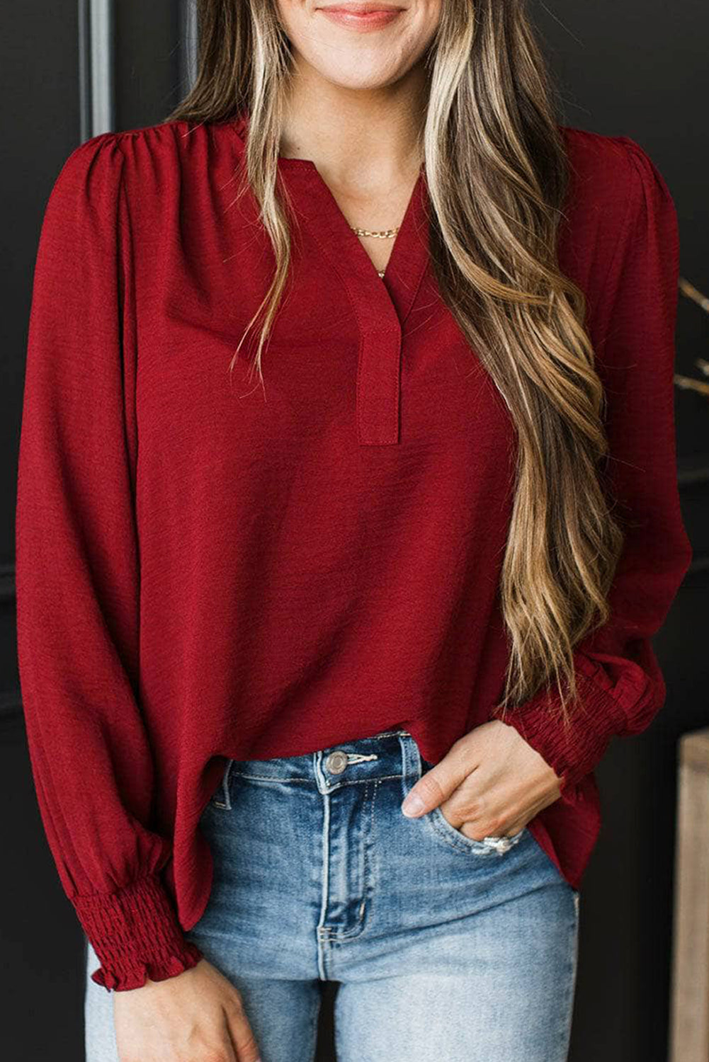 Neck Shirred Notched Shirred Cuff Long-Sleeved Blouse