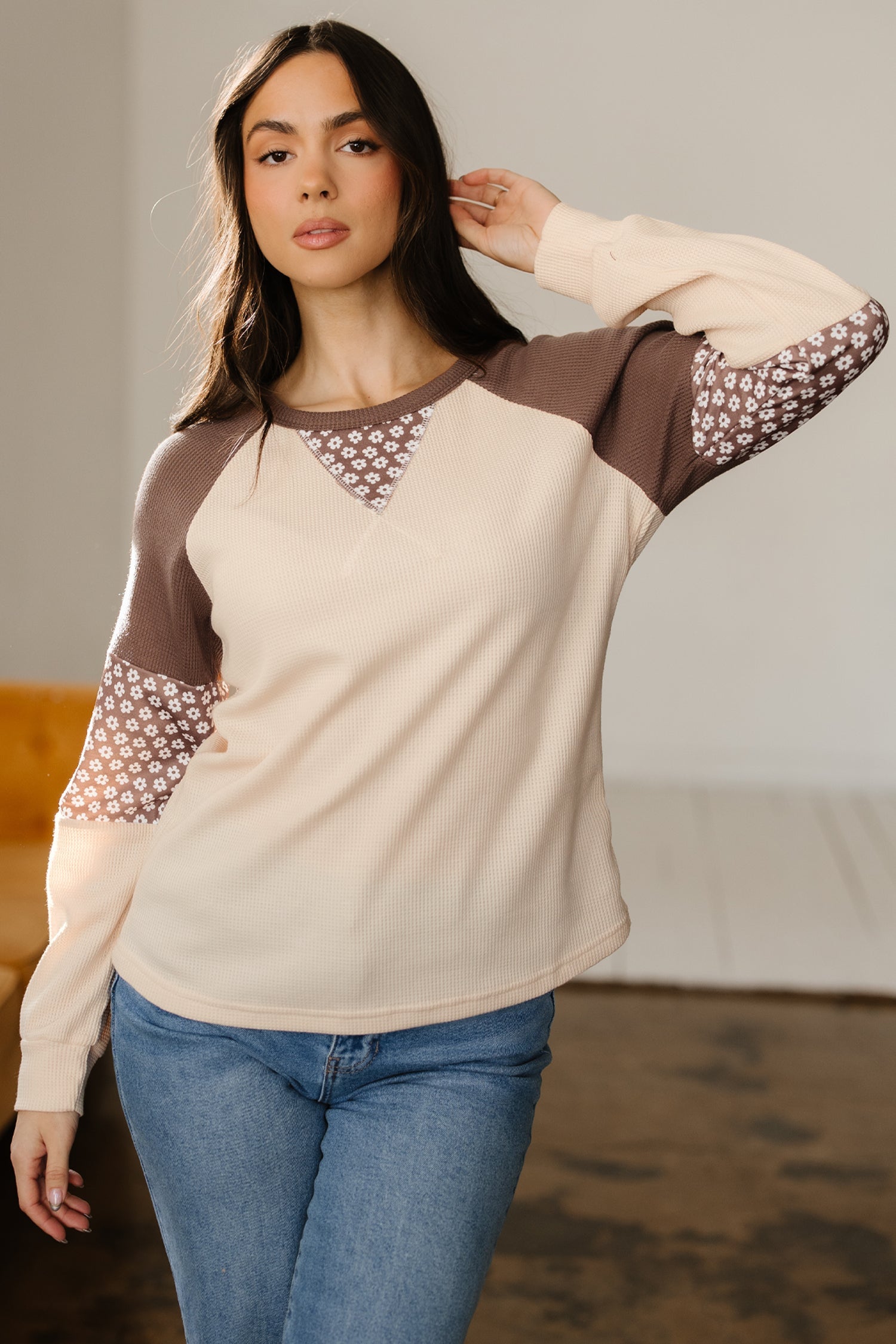 Floral-Print Patchwork Colorblock Long-Sleeved Top