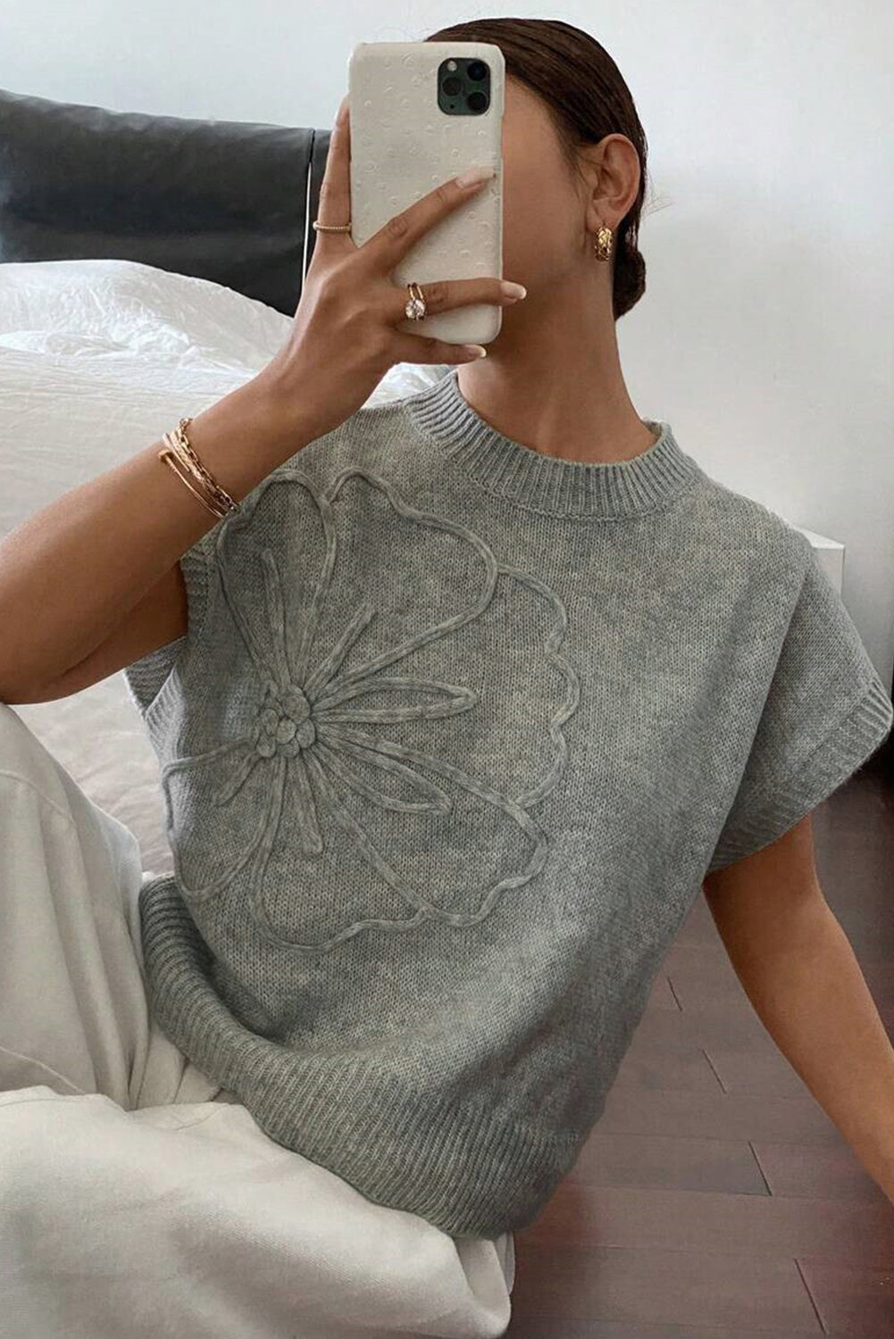Pattern High Flower Rib-Knit Trim Short-Sleeved Boxy Knit Top