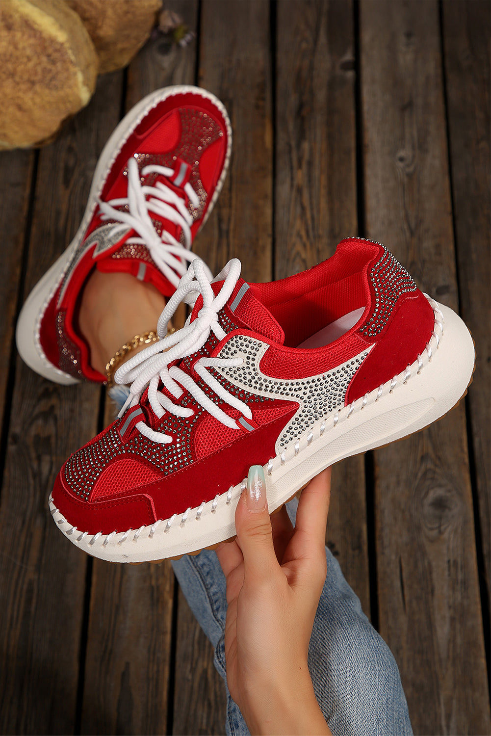 Embellished Colorblock Rhinestone Colorblock Patchwork Lace-up Breathable Sneakers Style