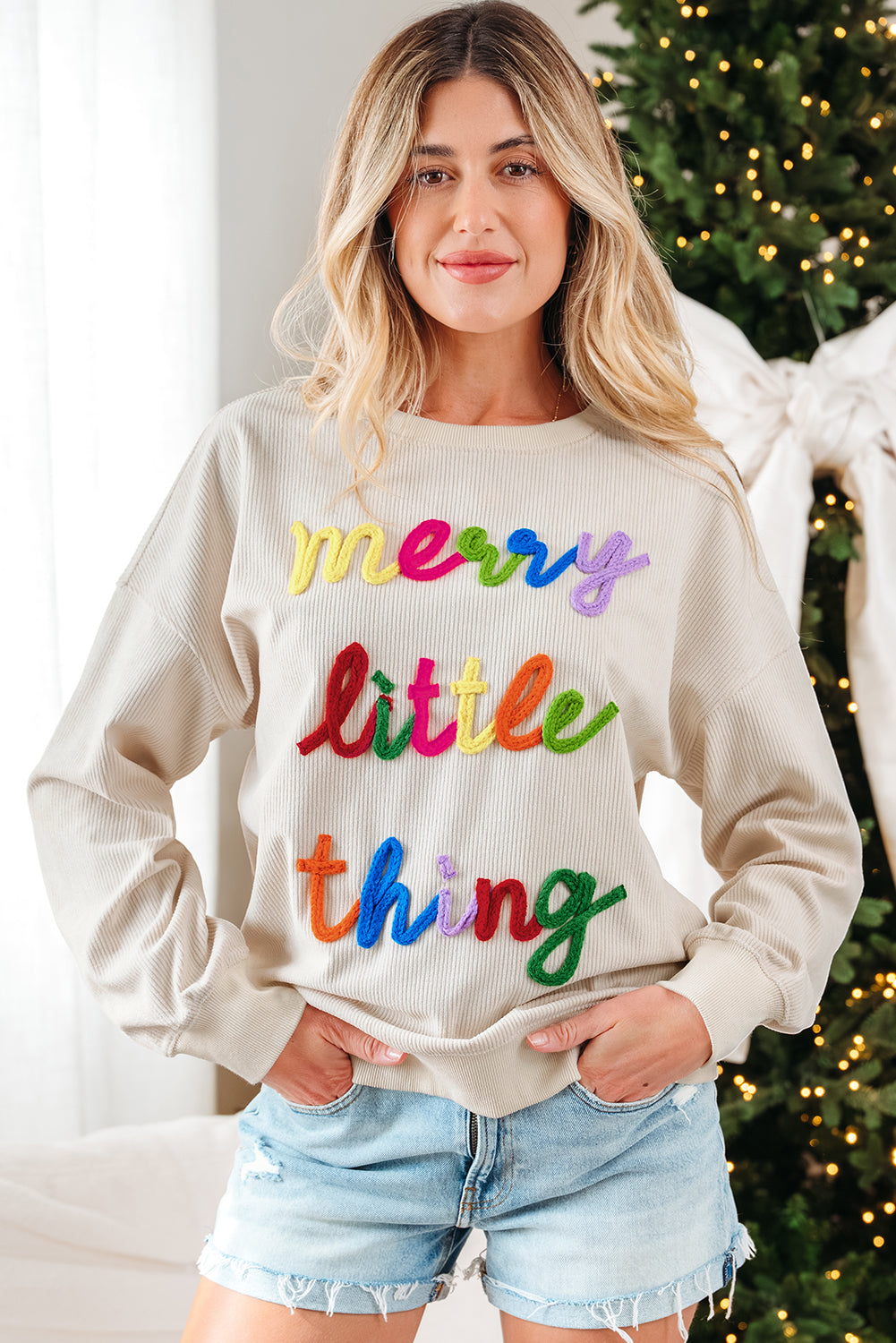 little thing merry thing Corded Letter Graphic Rib-Knit Loose Sweatshirt