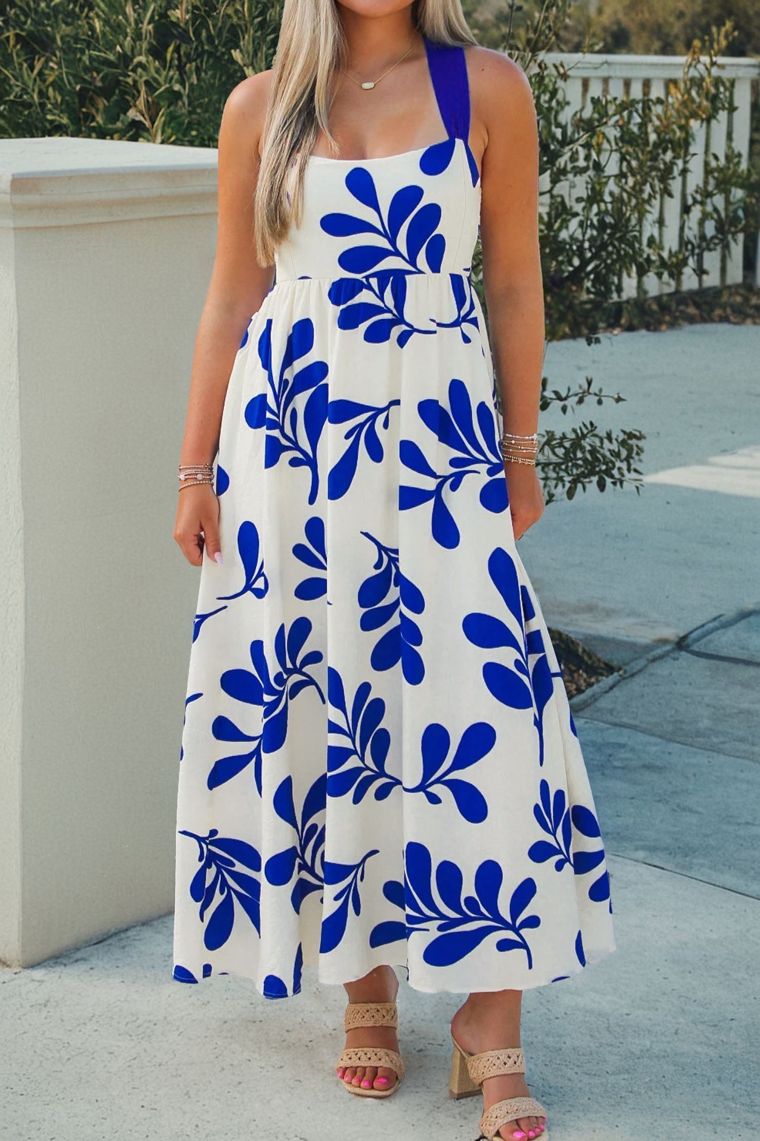 Crisscross Tie Floral-Print Tie Back Sleeveless Long Dress in Blue