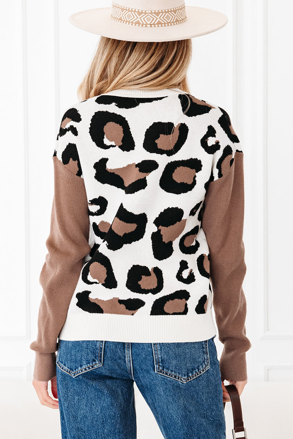 Leopard-Print Colorblock Patchwork Sleeve V-Neck Knit Top