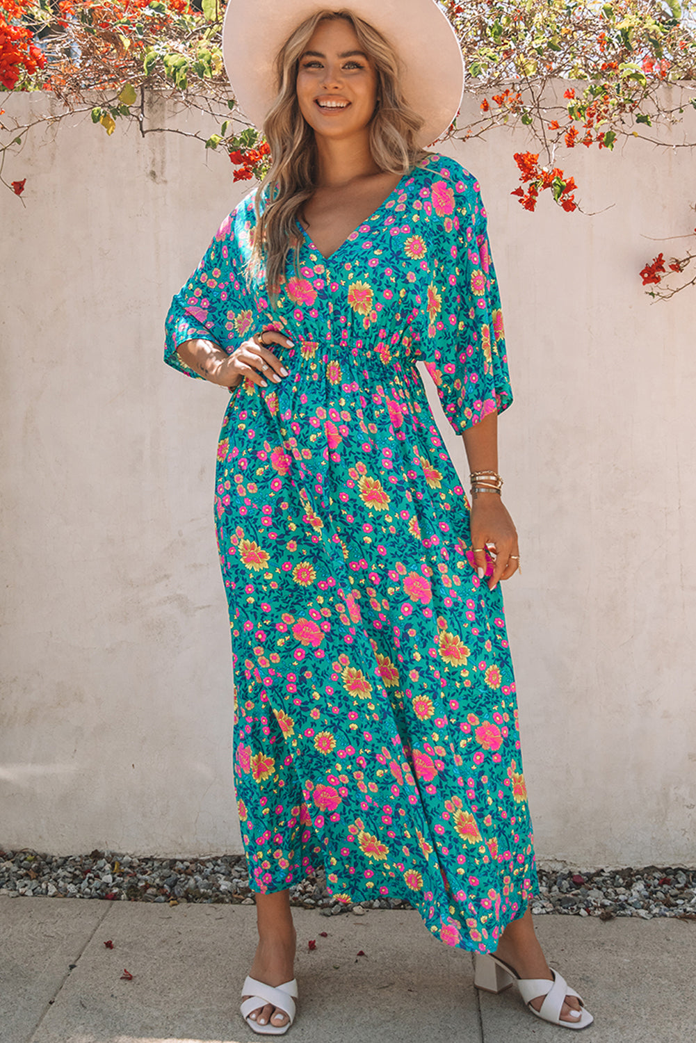 Robe longue florale style Boho vert à col en V profond