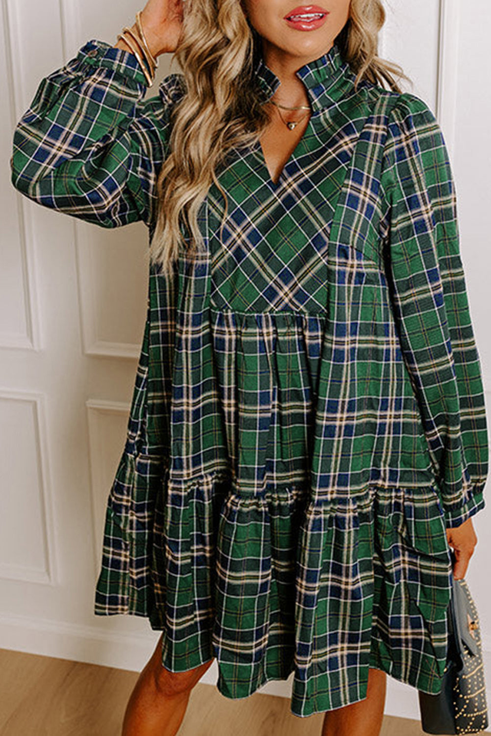 Print Frilly Plaid Frilly Collar Long-Sleeved Shift Mini Dress